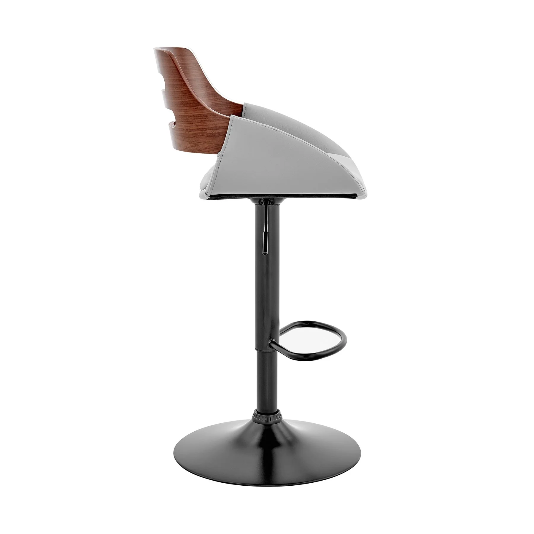 Karter Adjustable Gray Faux Leather and Walnut Wood Bar Stool with Black Base - Image 3