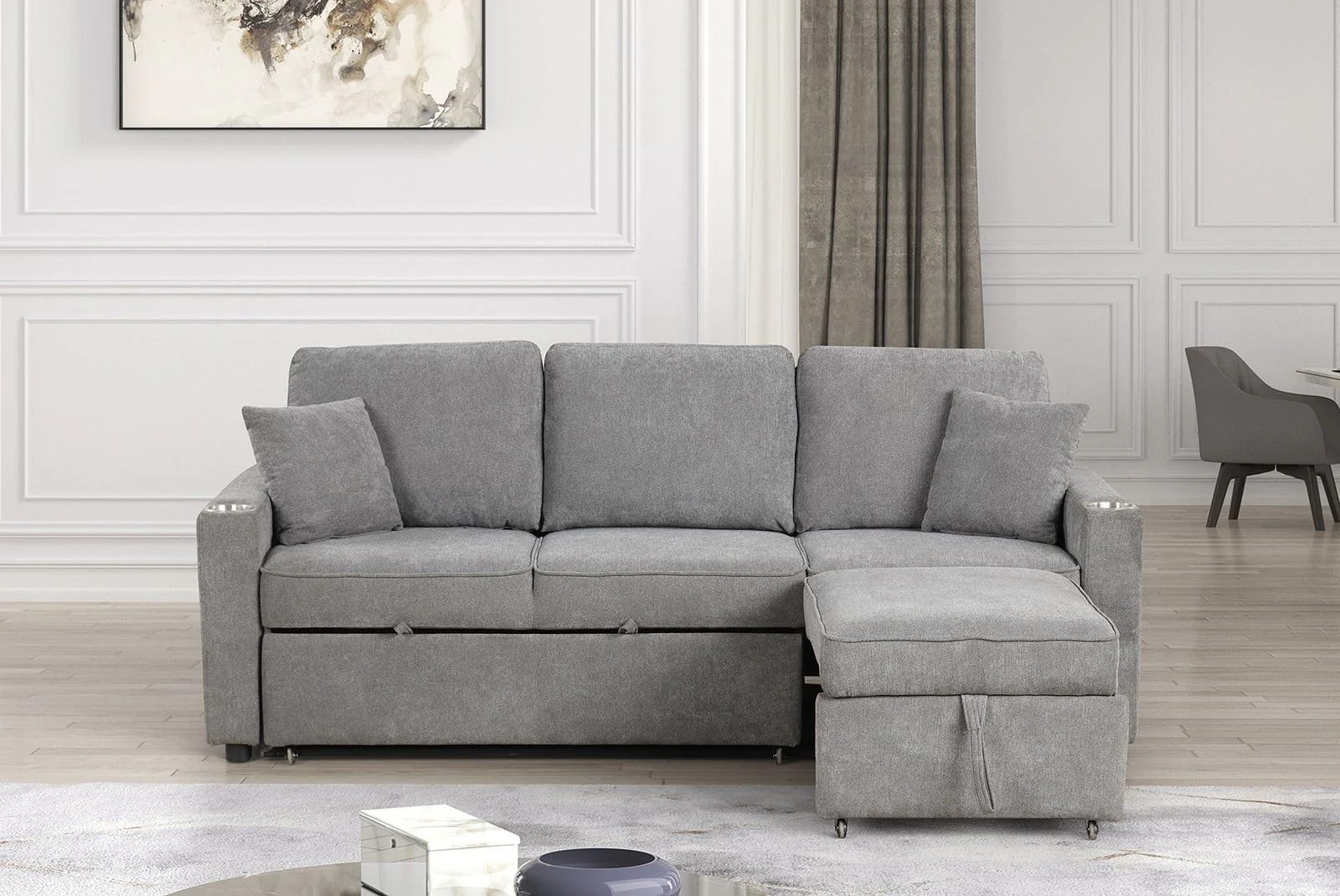 Kendal Sleeper Sofa Sectional w/ Cupholder, Gray - Image 3