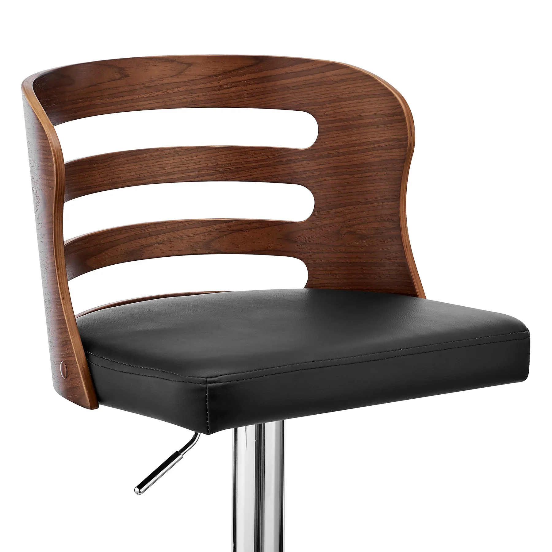 Khalia Adjustable Swivel Black Faux Leather and Walnut Wood Bar Stool with Chrome Base - Image 6