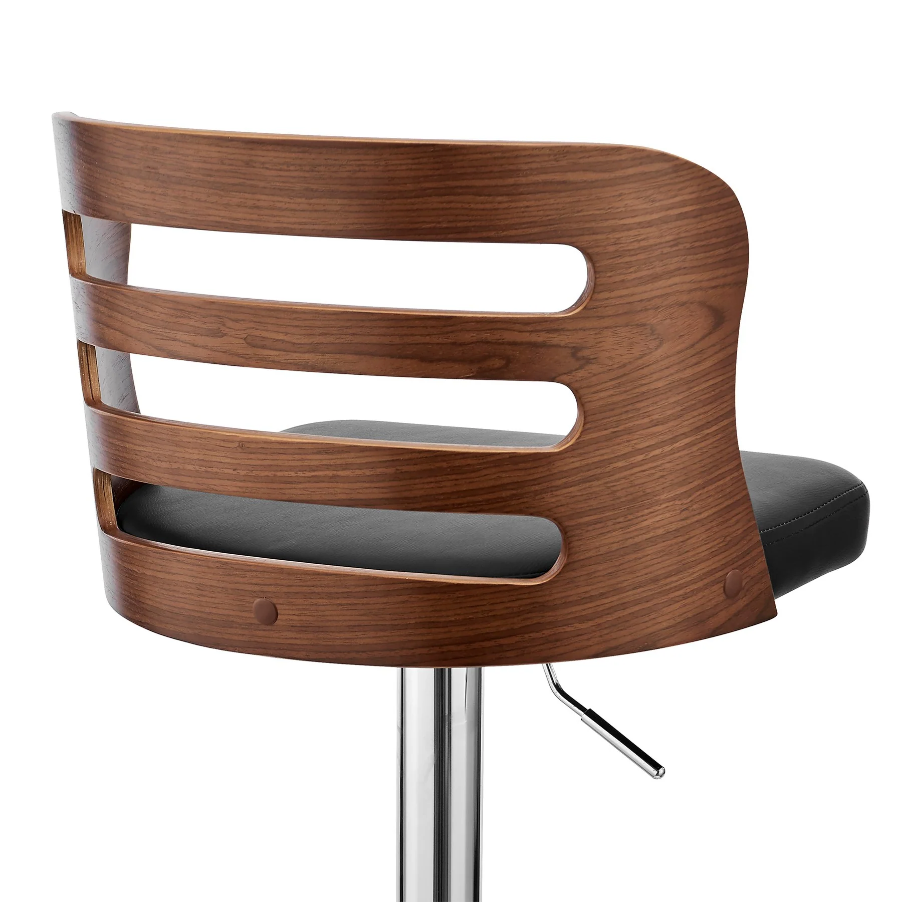 Khalia Adjustable Swivel Black Faux Leather and Walnut Wood Bar Stool with Chrome Base - Image 7