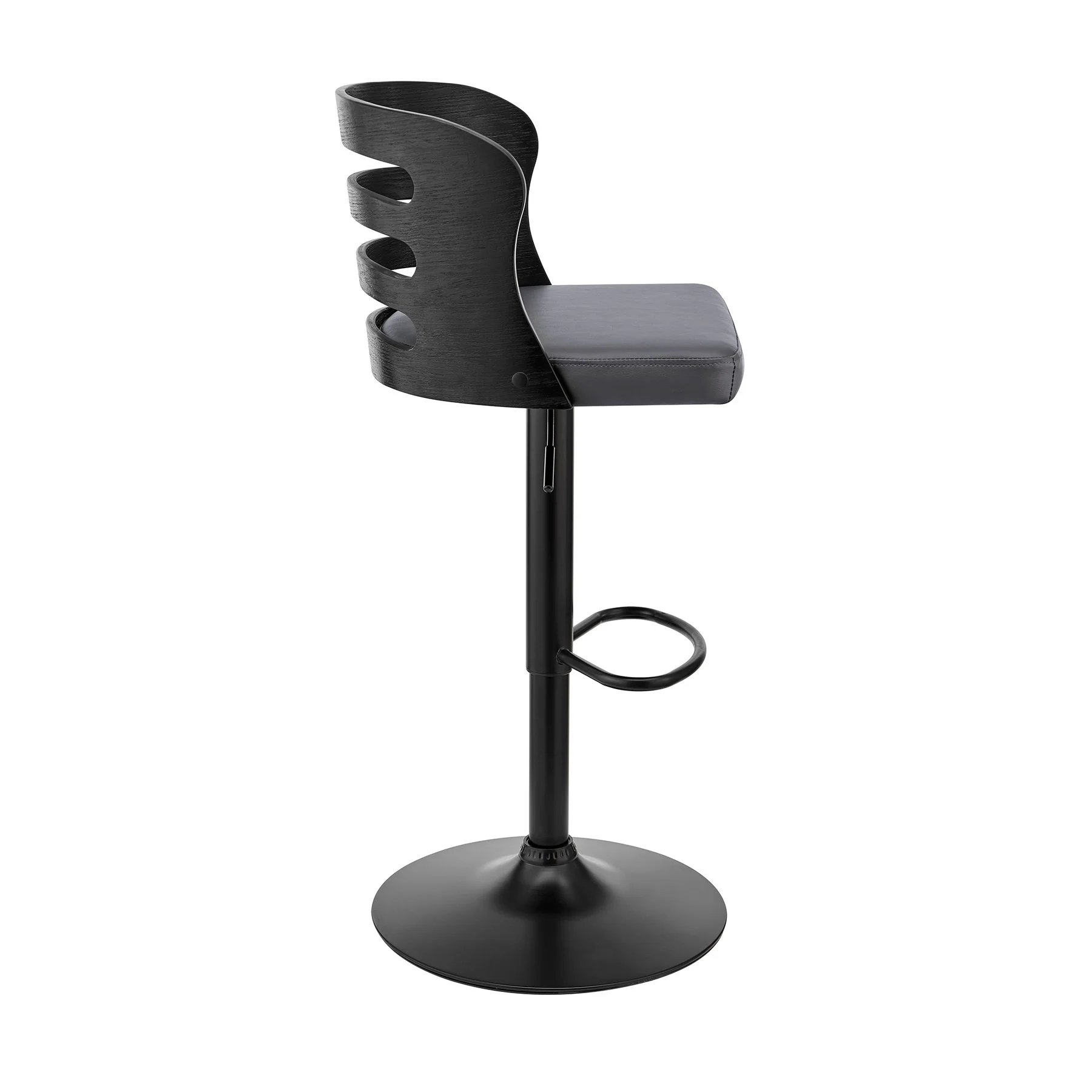 Khalia Adjustable Swivel Gray Faux Leather and Black Wood Bar Stool with Black Base - Image 3