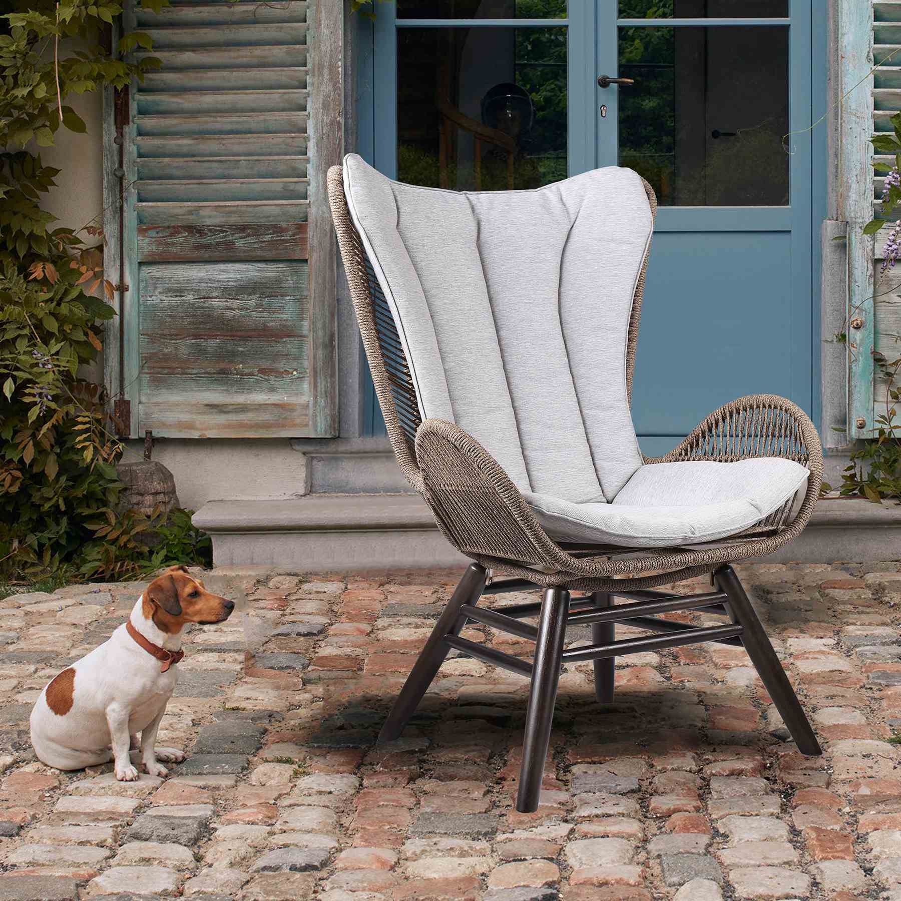 King Indoor Outdoor Lounge Chair in Dark Eucalyptus Wood with Truffle Rope and Gray Cushion - Image 8