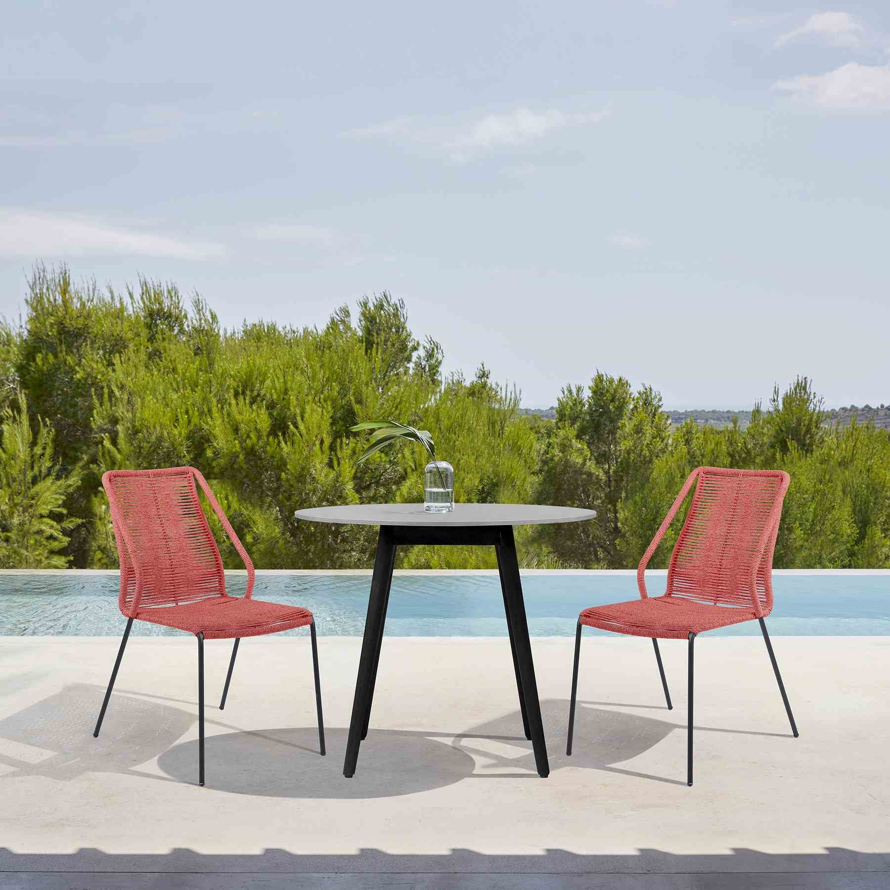 Kylie and Clip 3 Piece Outdoor Patio 36" Dining Set in Black Eucalyptus Wood and Brick Red Rope - Image 14