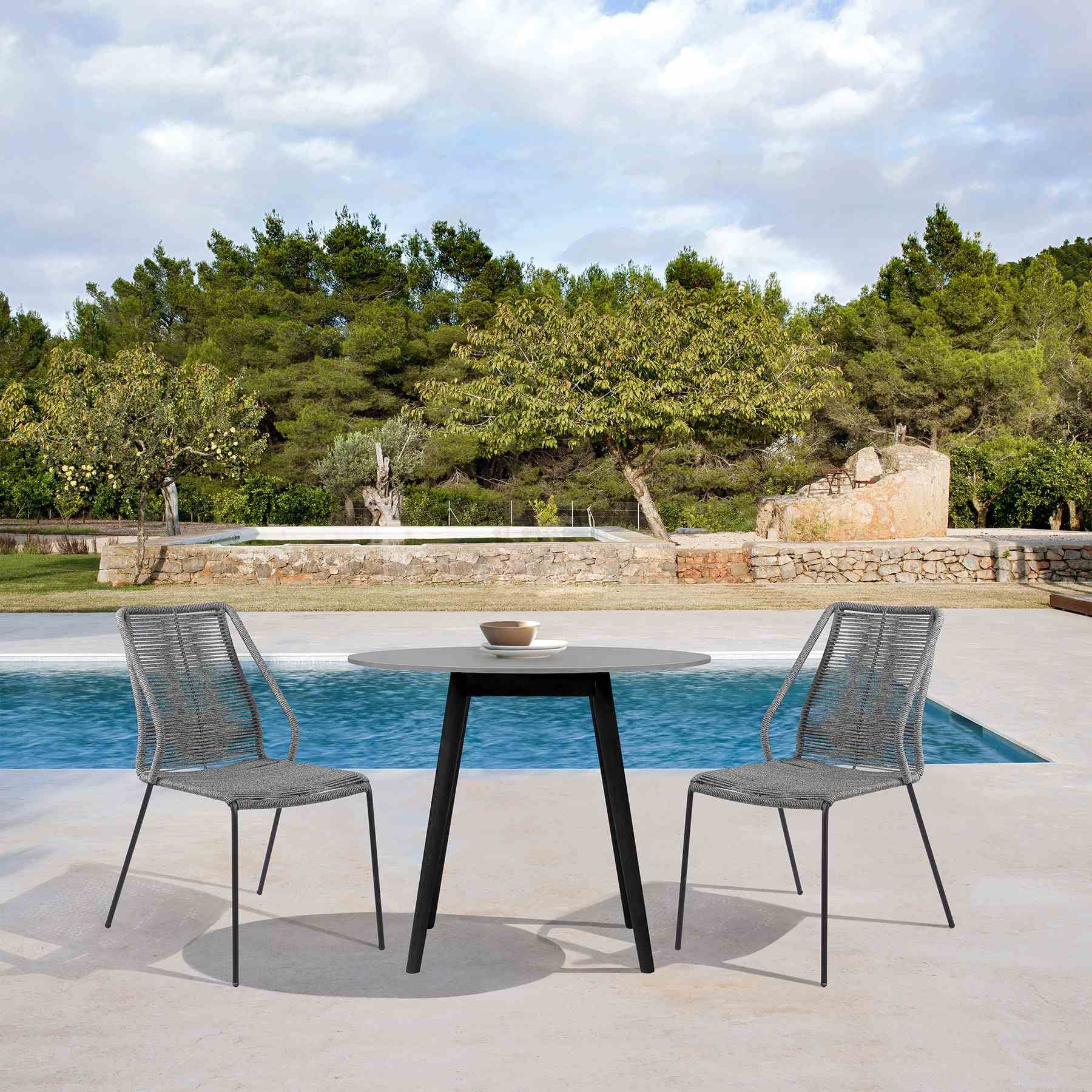 Kylie and Clip 3 Piece Outdoor Patio 36" Dining Set in Black Eucalyptus Wood and Gray Rope - Image 14