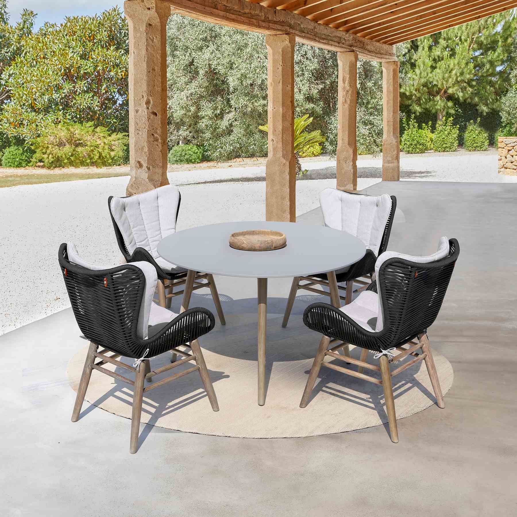 Kylie Outdoor Patio Round Dining Table in Light Eucalyptus and Gray Stone - Image 10