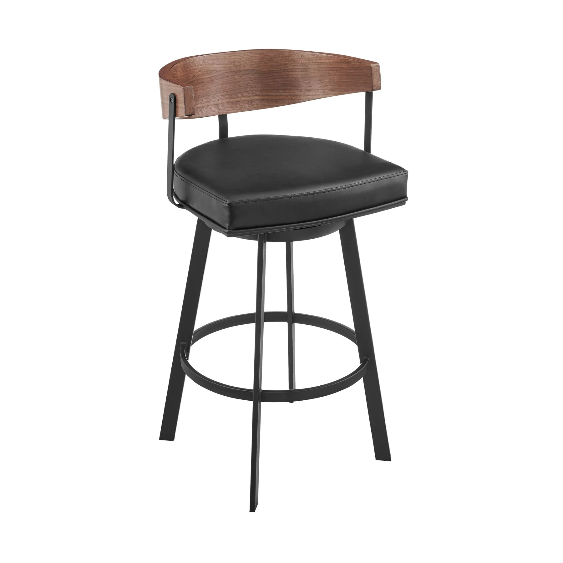 Lacey 26" Swivel Counter Stool in Black Iron with Walnut Finish and Vintage Black Faux Leather