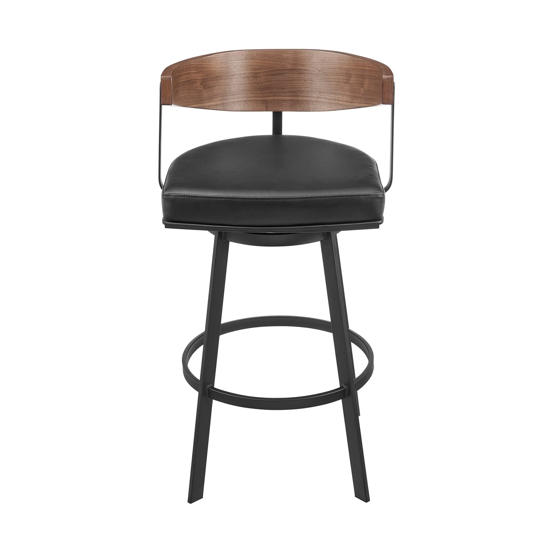 Lacey 30" Swivel Bar Stool in Black Iron with Walnut Finish and Vintage Black Faux Leather - Image 2