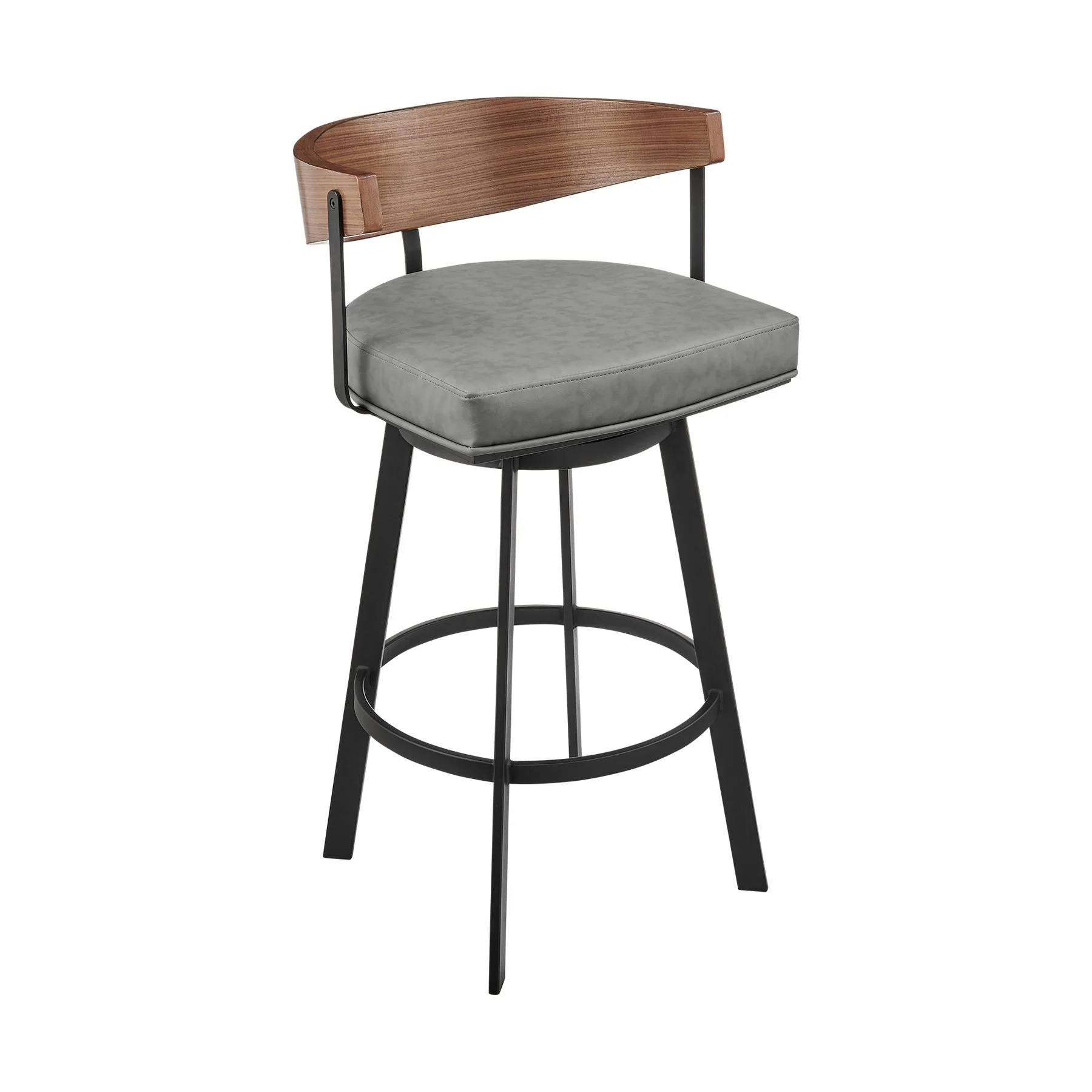Lacey 30" Swivel Bar Stool in Black Iron with Walnut Finish and Vintage Gray Faux Leather
