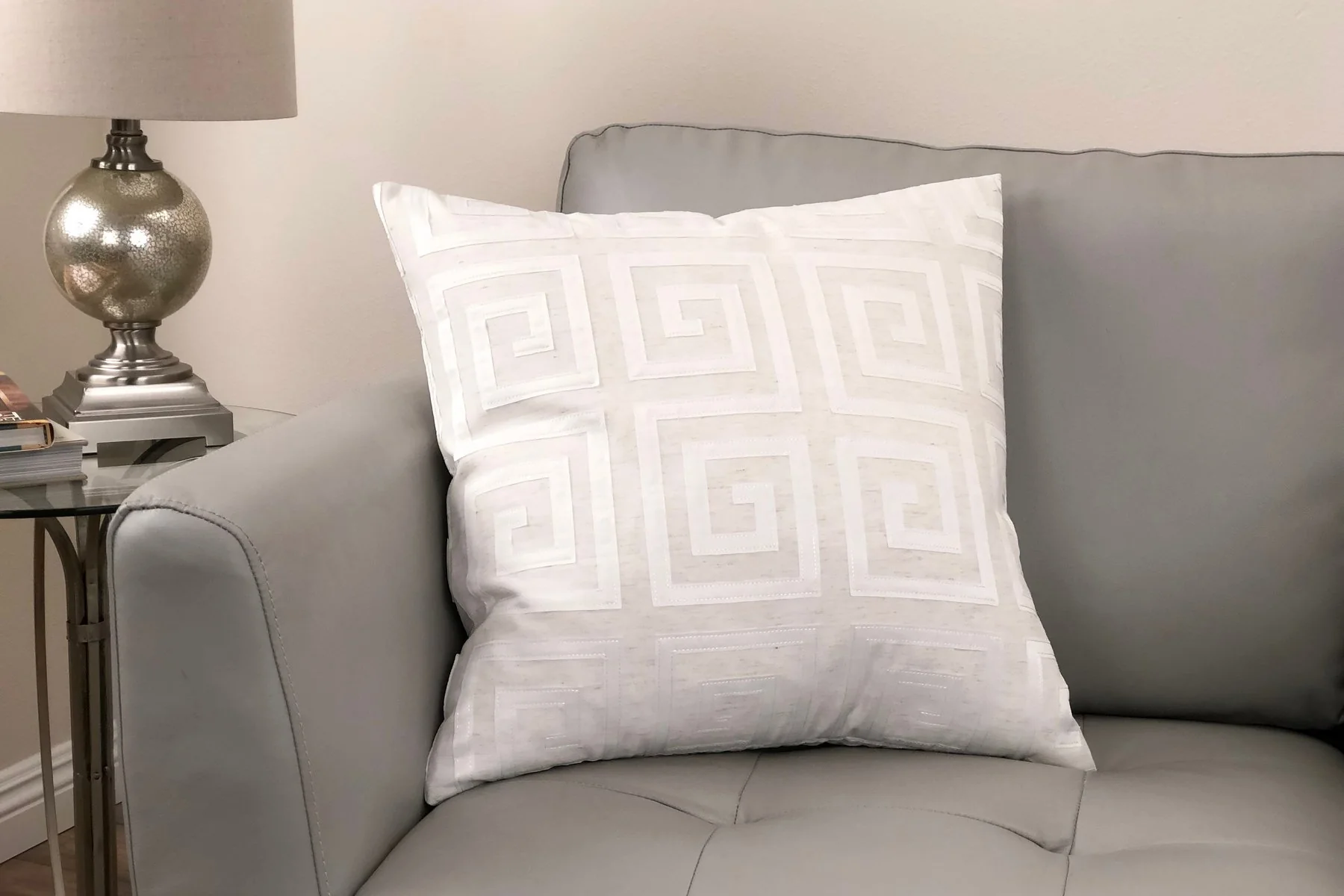 Laguna Contemporary Decorative Feather and Down Throw Pillow In White Applique Embroidery Fabric - Image 2