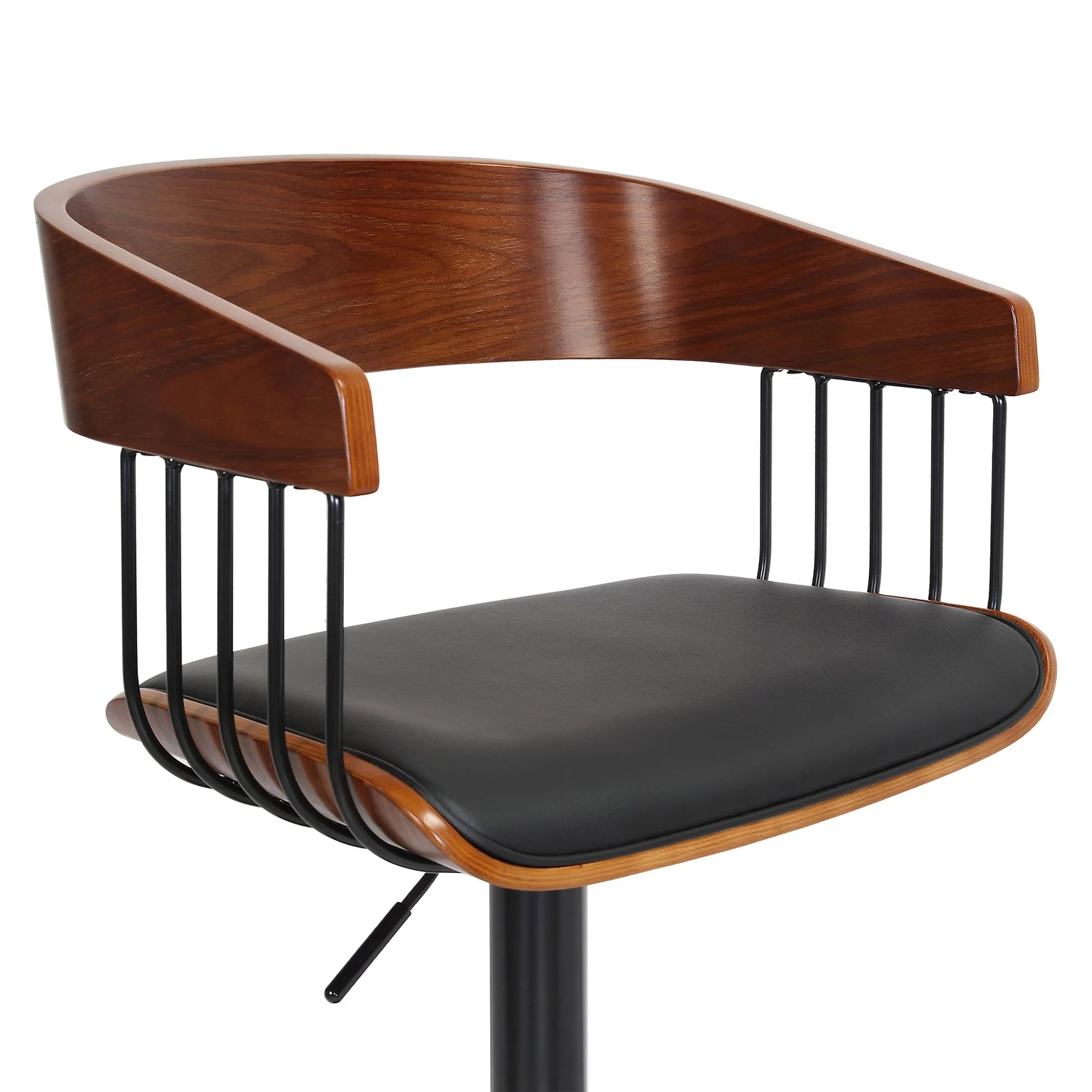 Larisa Adjustable Walnut Wood Bar Stool in Black Faux Leather with Black Metal - Image 6