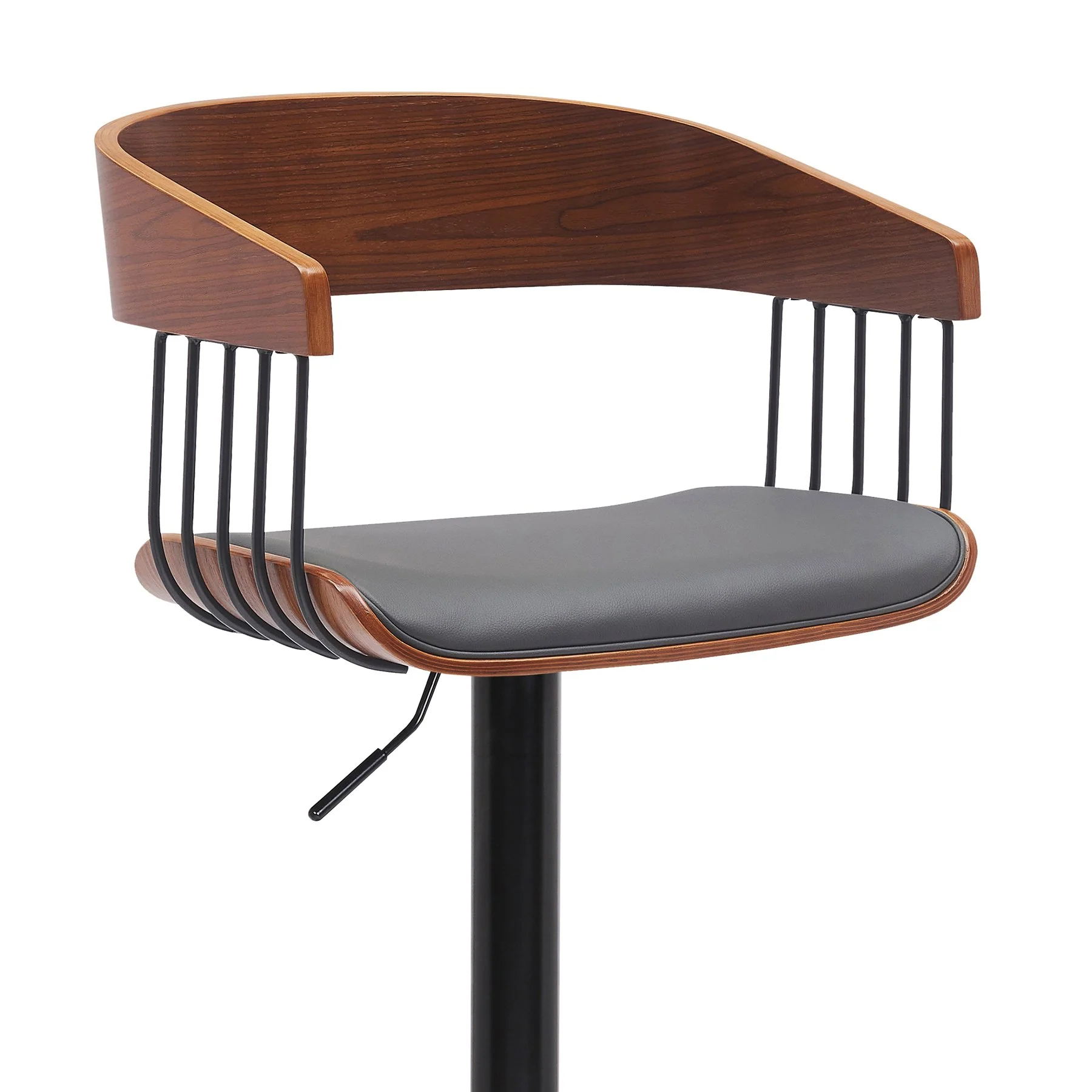 Larisa Adjustable Walnut Wood Bar Stool in Gray Faux Leather with Black Metal - Image 4