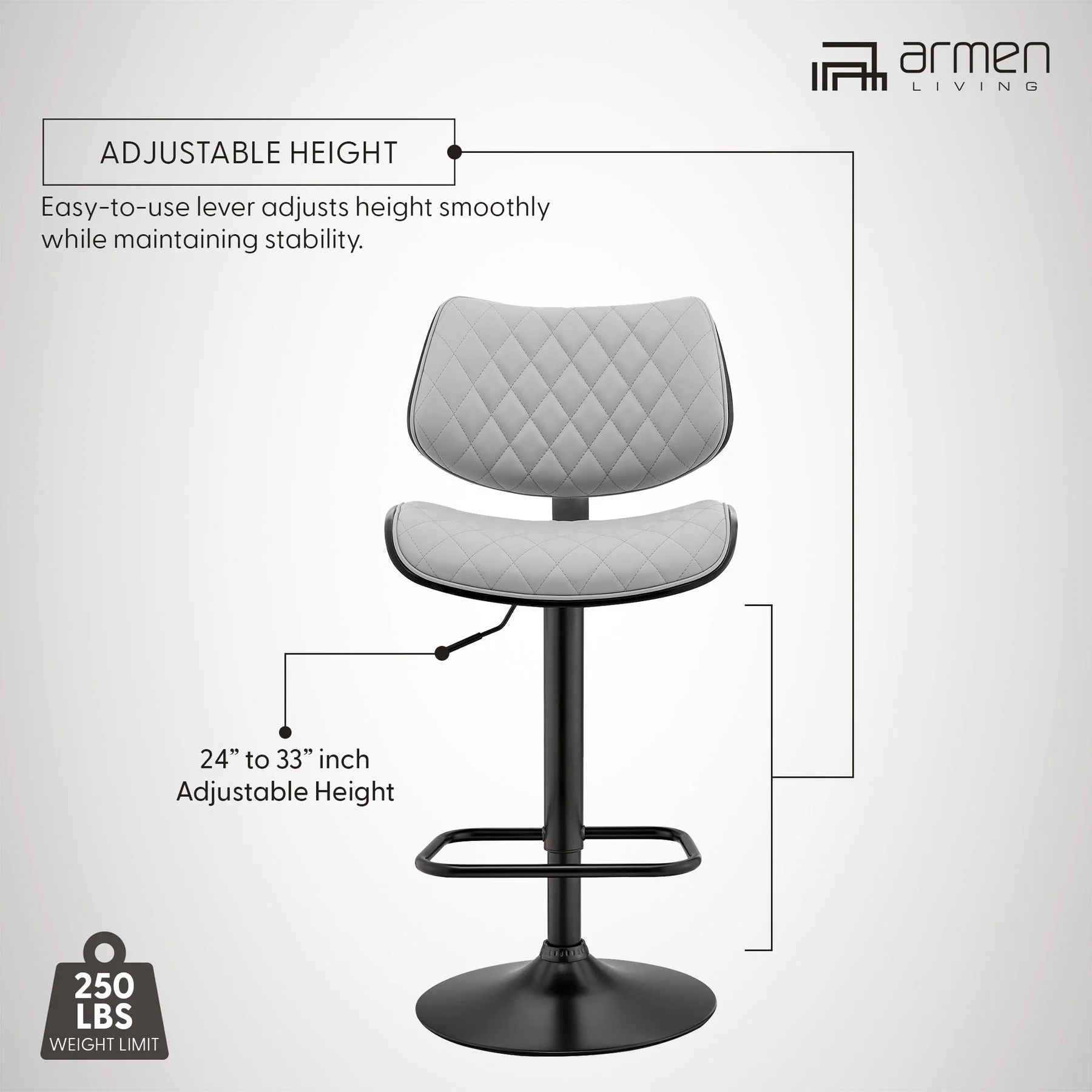 Leland Adjustable Gray Faux Leather and Black Finish Bar Stool - Image 14