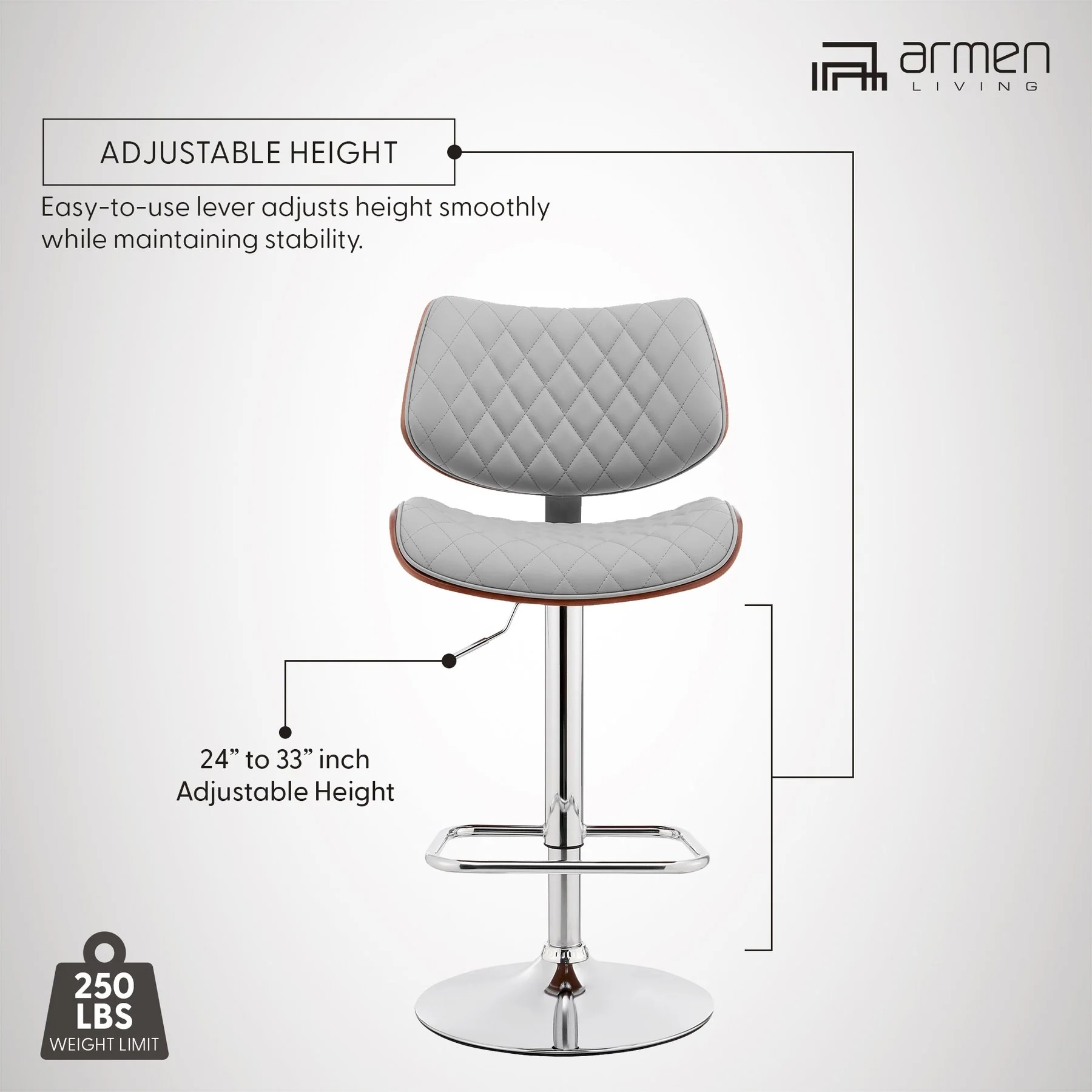 Leland Adjustable Gray Faux Leather and Chrome Finish Bar Stool - Image 14