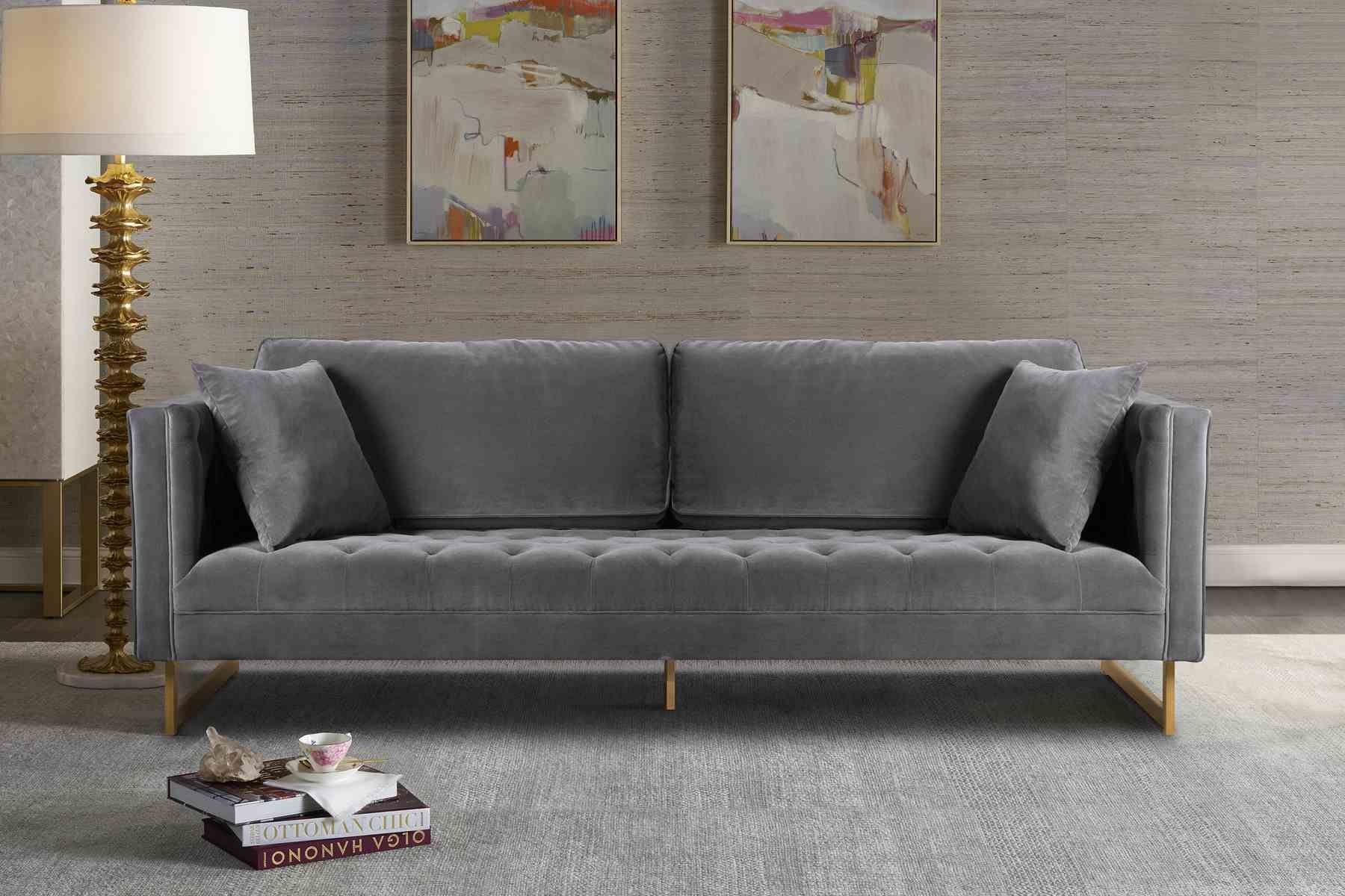 Lenox Gray Velvet Modern Sofa with Brass Legs - Image 7