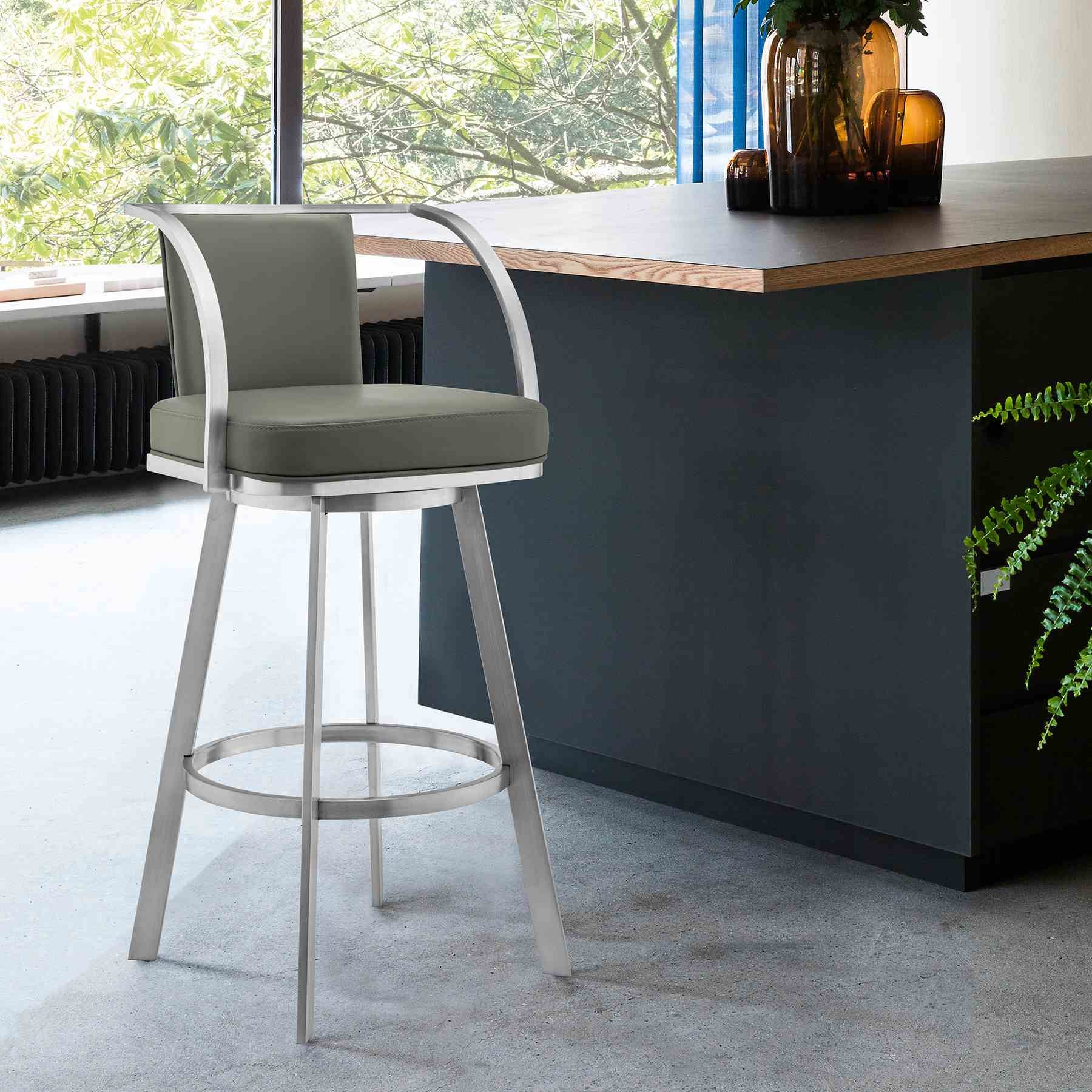 Livingston 26" Gray Faux Leather and Brushed Stainless Steel Swivel Bar Stool - Image 7