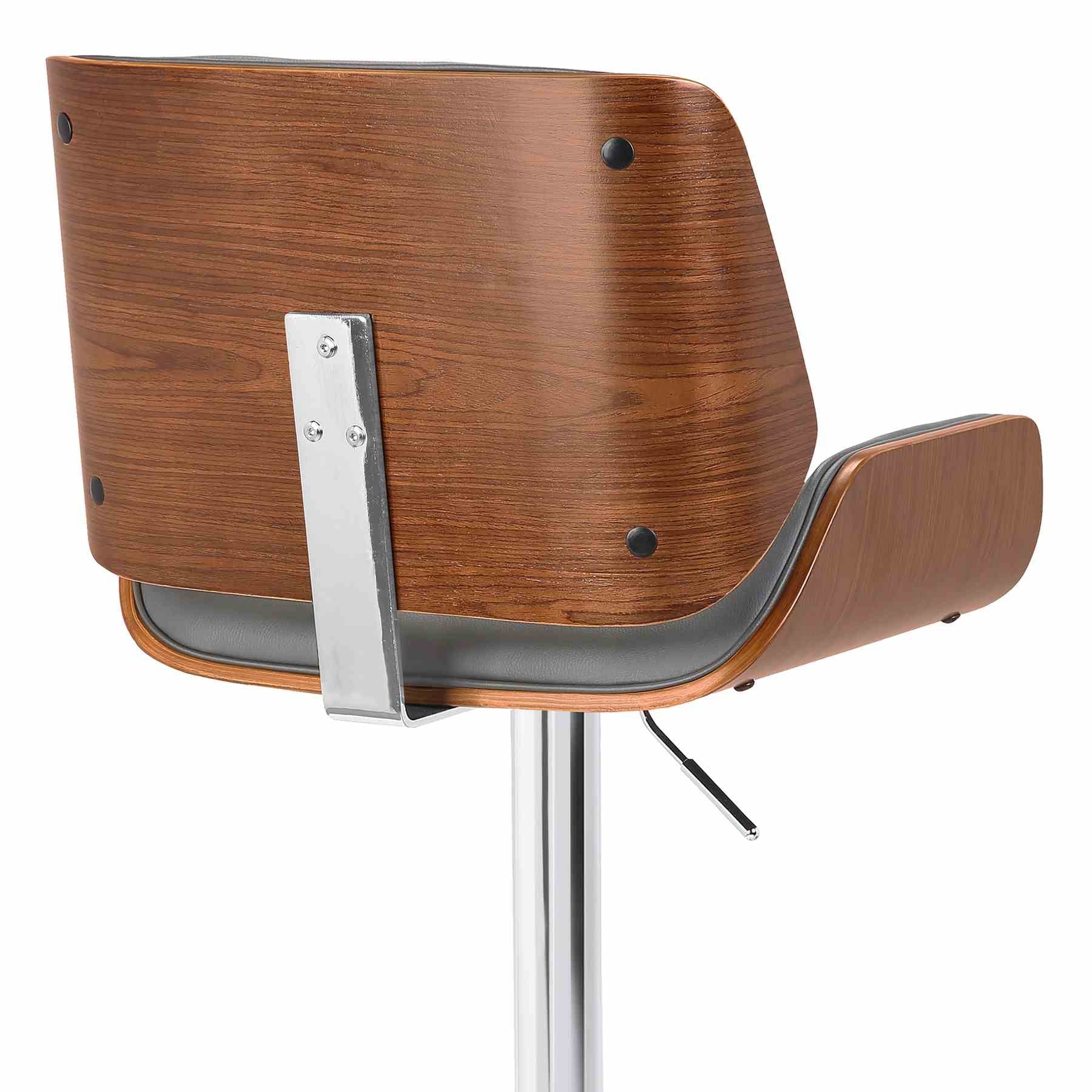 London Gray Faux Leather Adjustable Height Swivel Walnut Wood and Chrome Bar Stool - Image 5