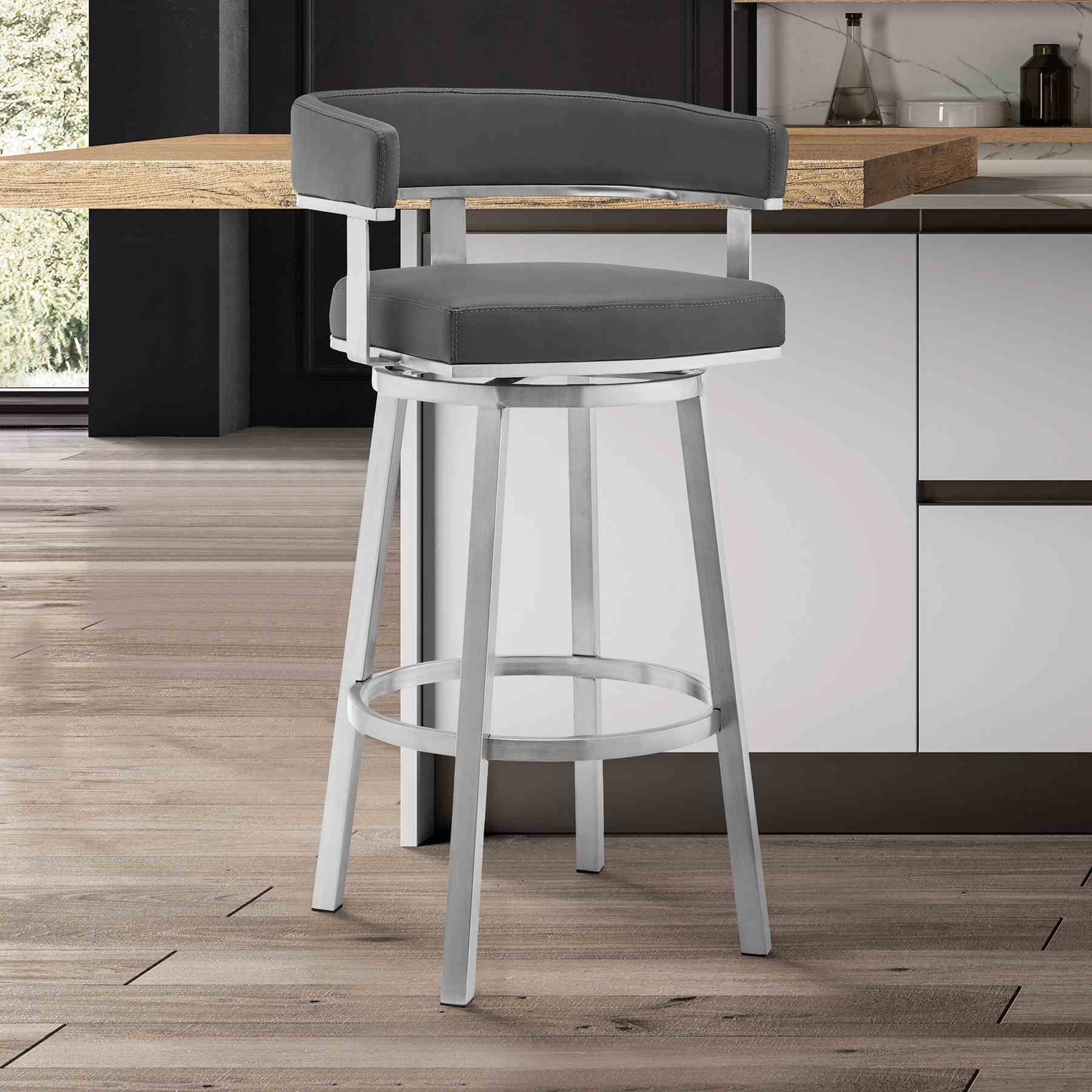 Lorin 26" Gray Faux Leather and Brushed Stainless Steel Swivel Bar Stool - Image 8