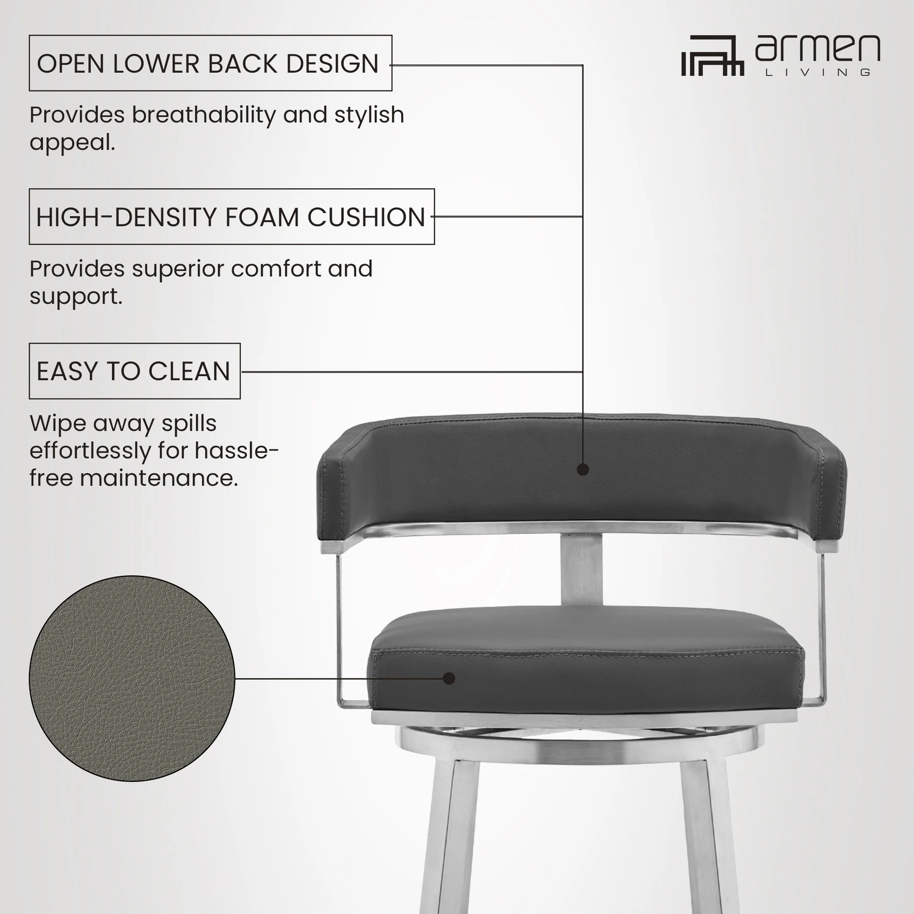 Lorin 30" Gray Faux Leather and Brushed Stainless Steel Swivel Bar Stool - Image 9