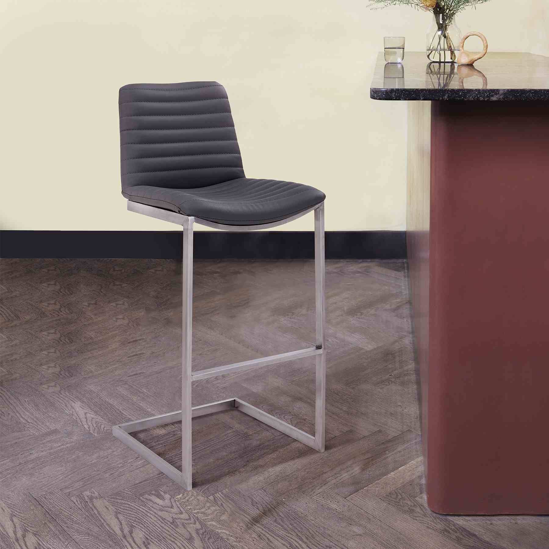 Lucas Contemporary 30" Bar Height Barstool in Brushed Stainless Steel Finish and Gray Faux Leather - Image 7