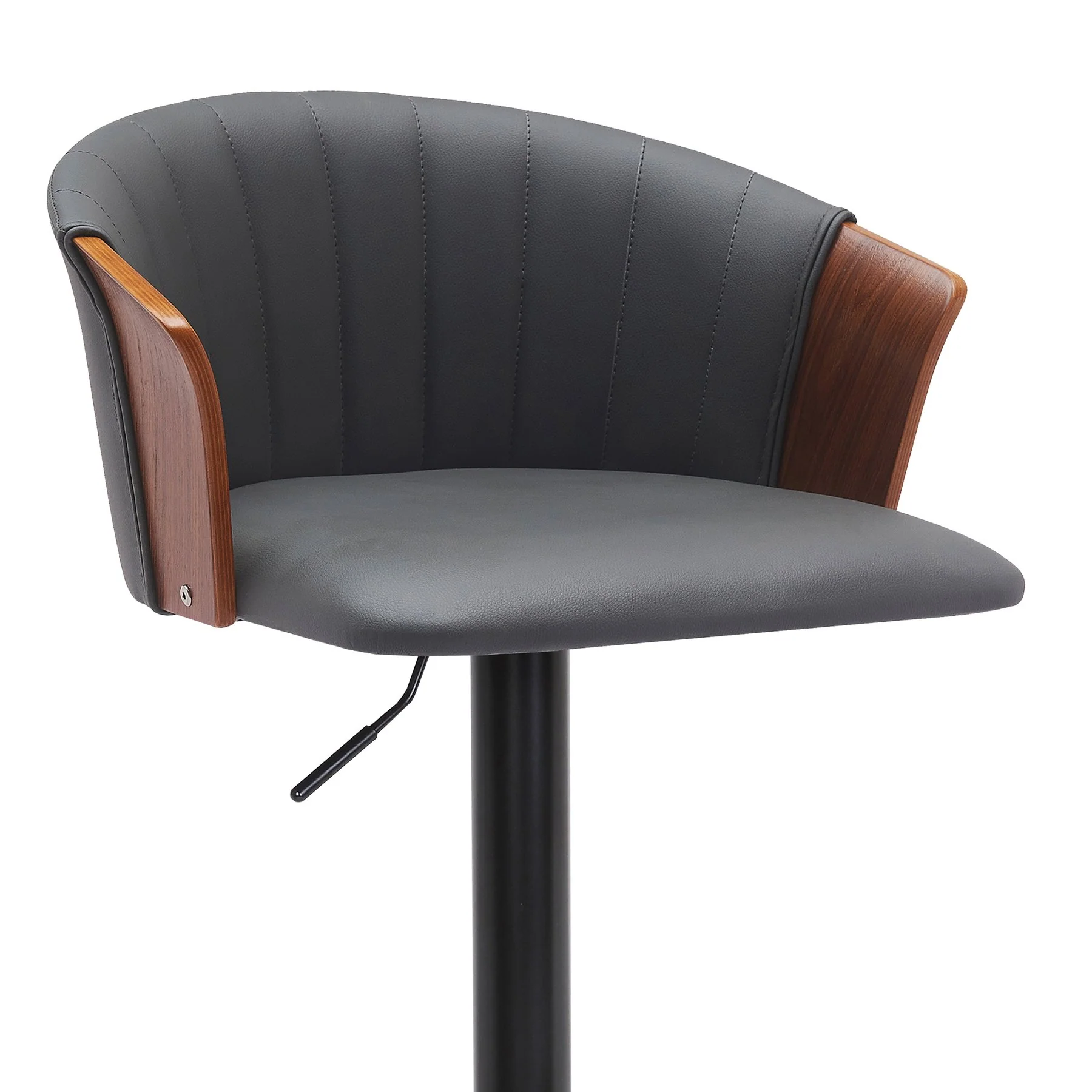 Lydia Adjustable Walnut Wood Bar Stool in Gray Faux Leather with Black Metal - Image 4
