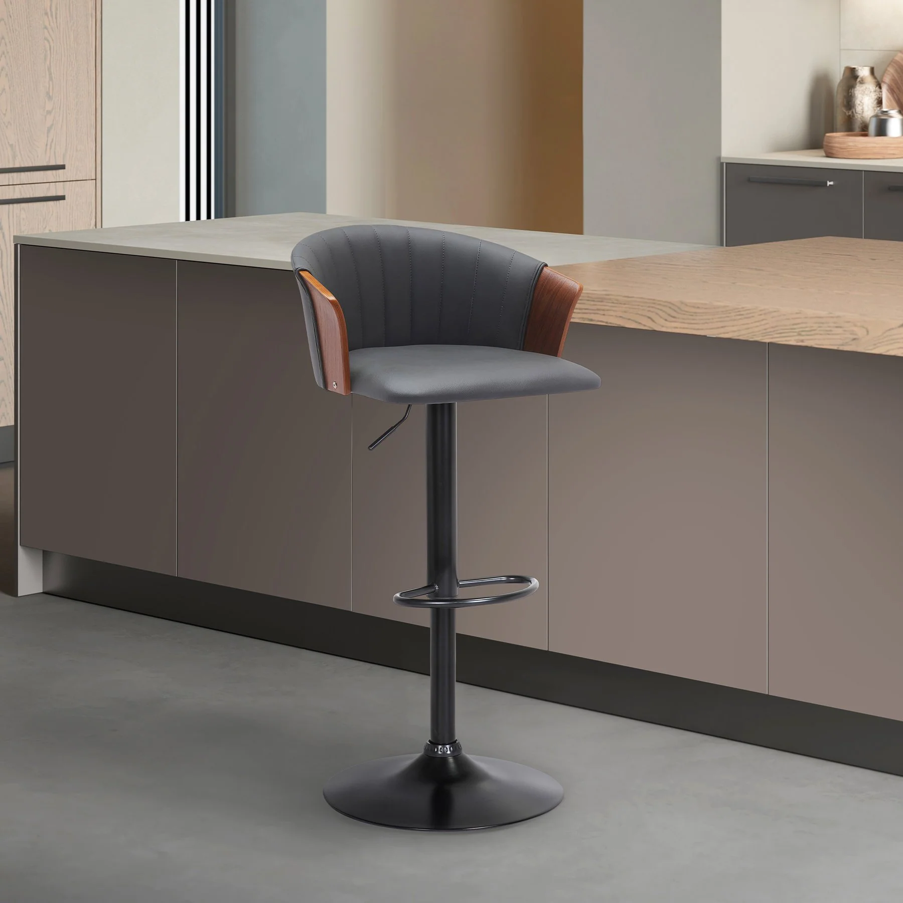 Lydia Adjustable Walnut Wood Bar Stool in Gray Faux Leather with Black Metal - Image 8