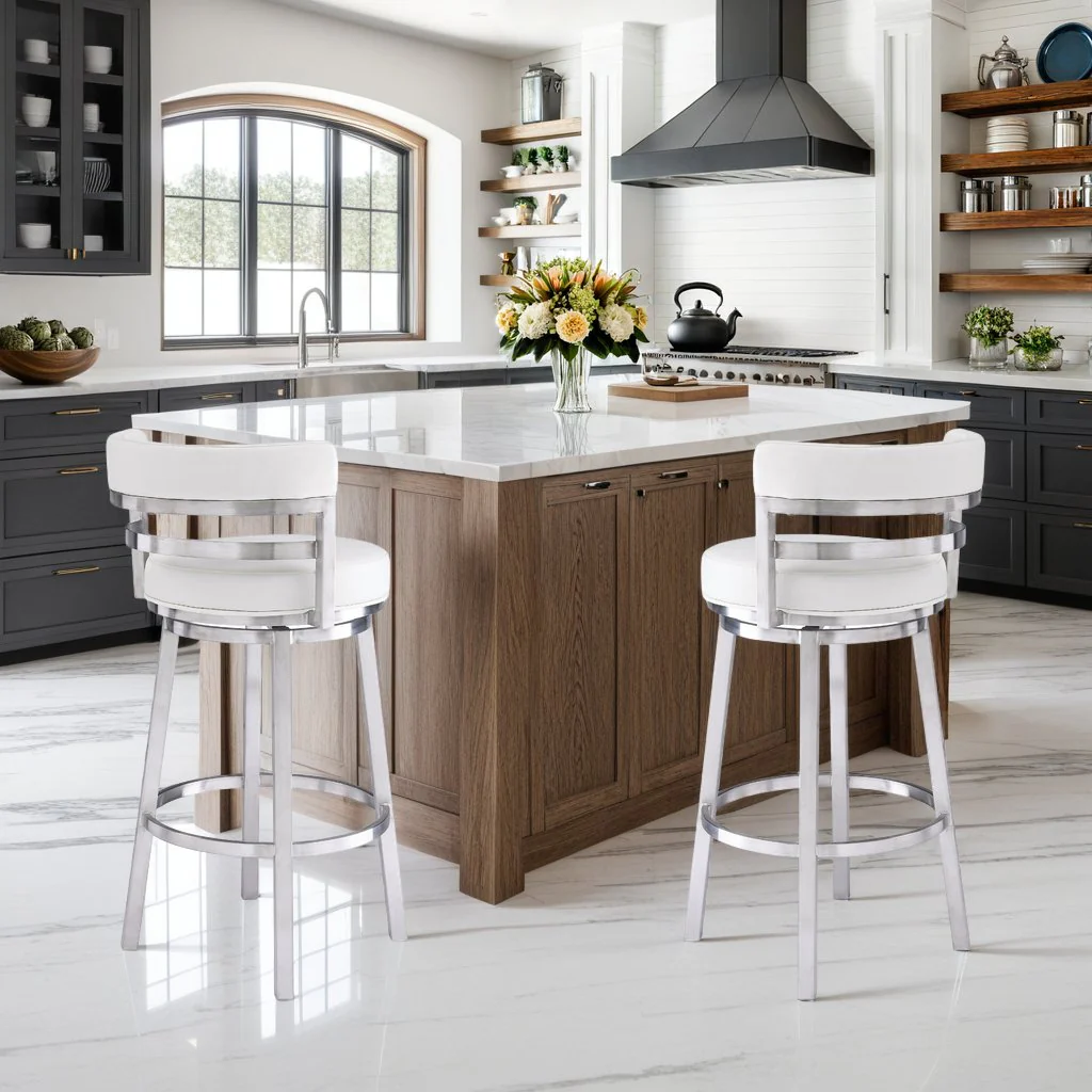 Madrid 26" Counter Height Swivel White Faux Leather and Brushed Stainless Steel Bar Stool - Image 8