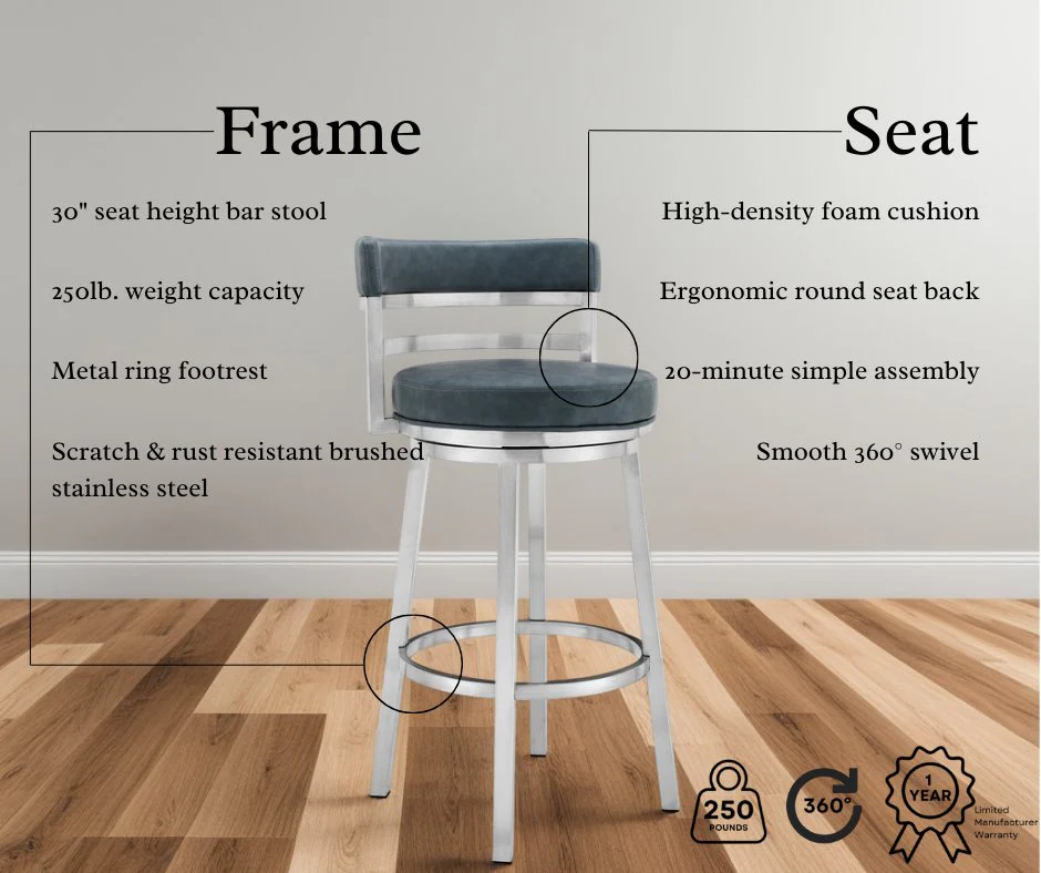 Madrid 30" Bar Height Swivel Blue Faux Leather and Brushed Stainless Steel Bar Stool - Image 8