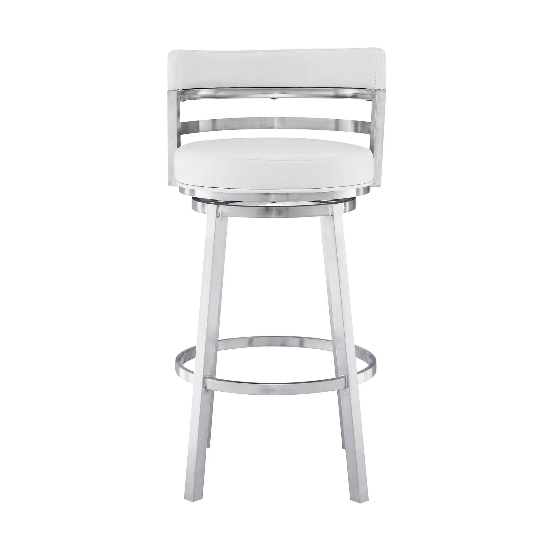 Madrid 30" Bar Height Swivel White Faux Leather and Brushed Stainless Steel Bar Stool - Image 2