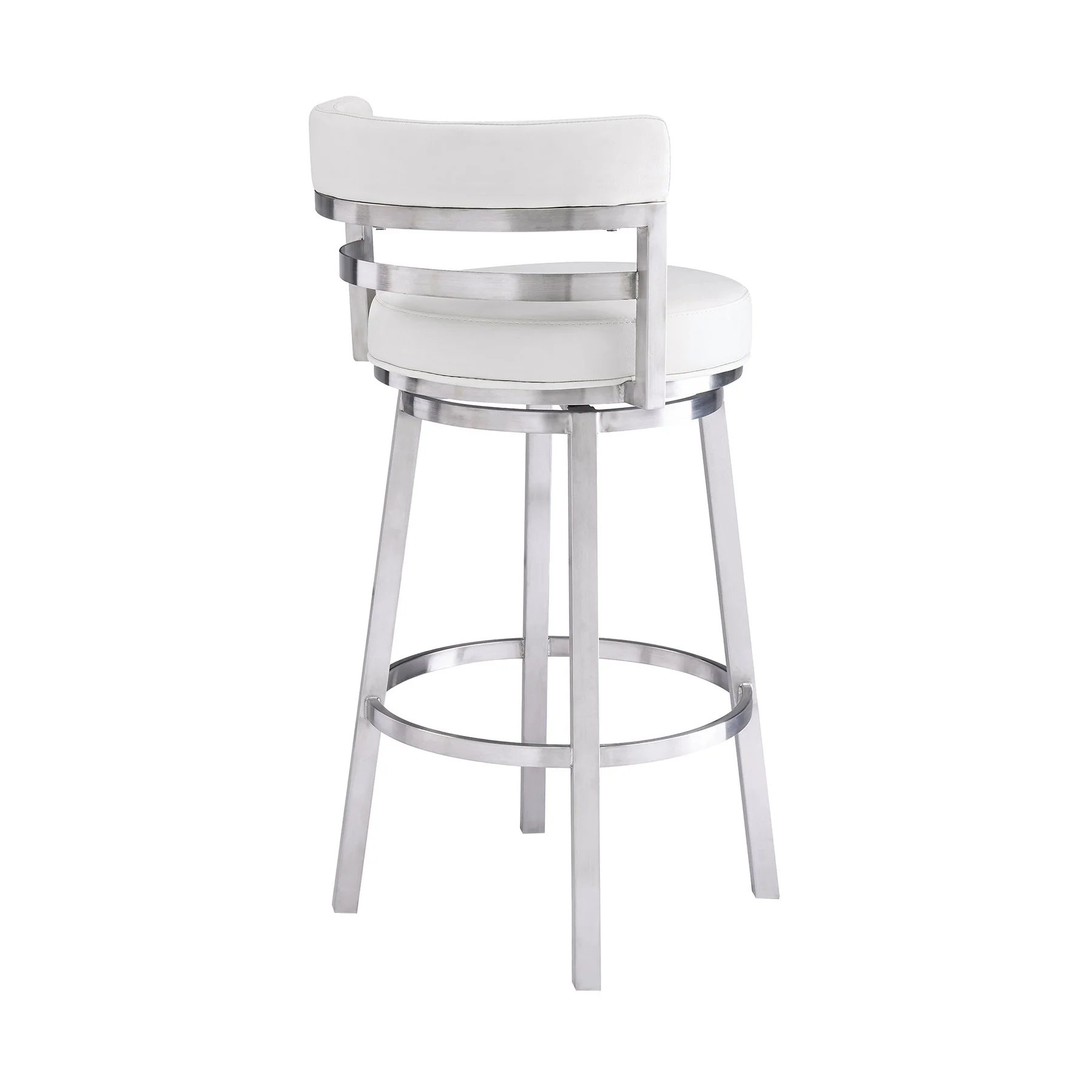 Madrid 30" Bar Height Swivel White Faux Leather and Brushed Stainless Steel Bar Stool - Image 3