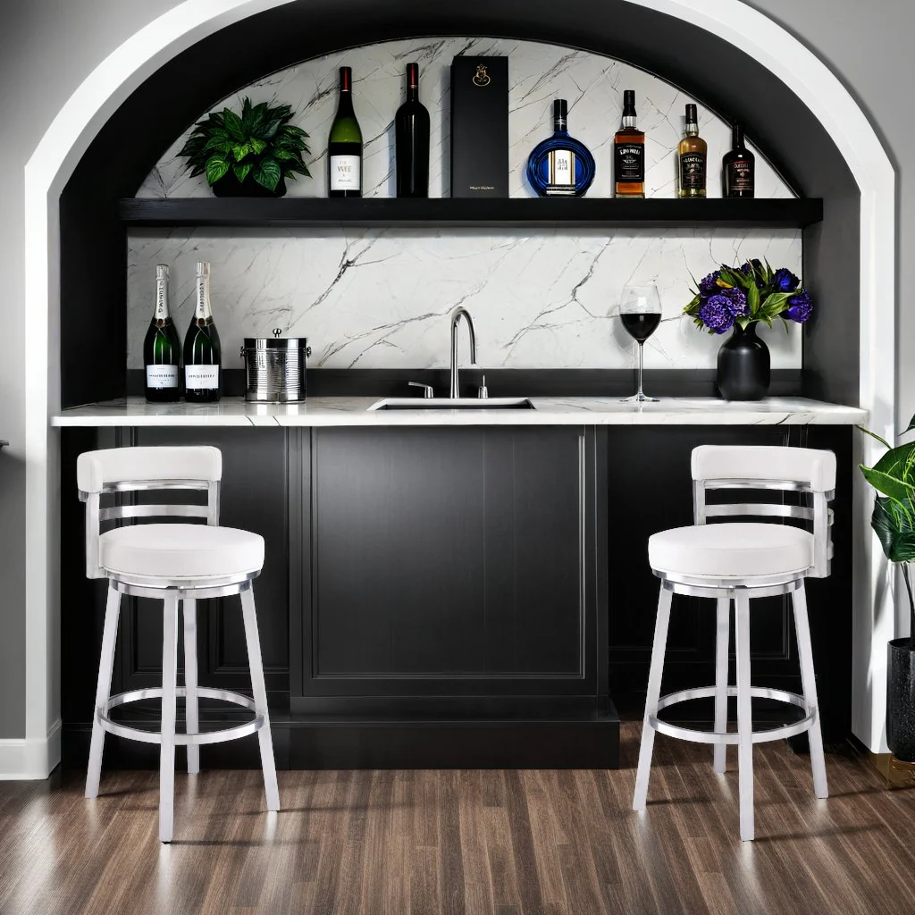 Madrid 30" Bar Height Swivel White Faux Leather and Brushed Stainless Steel Bar Stool - Image 7