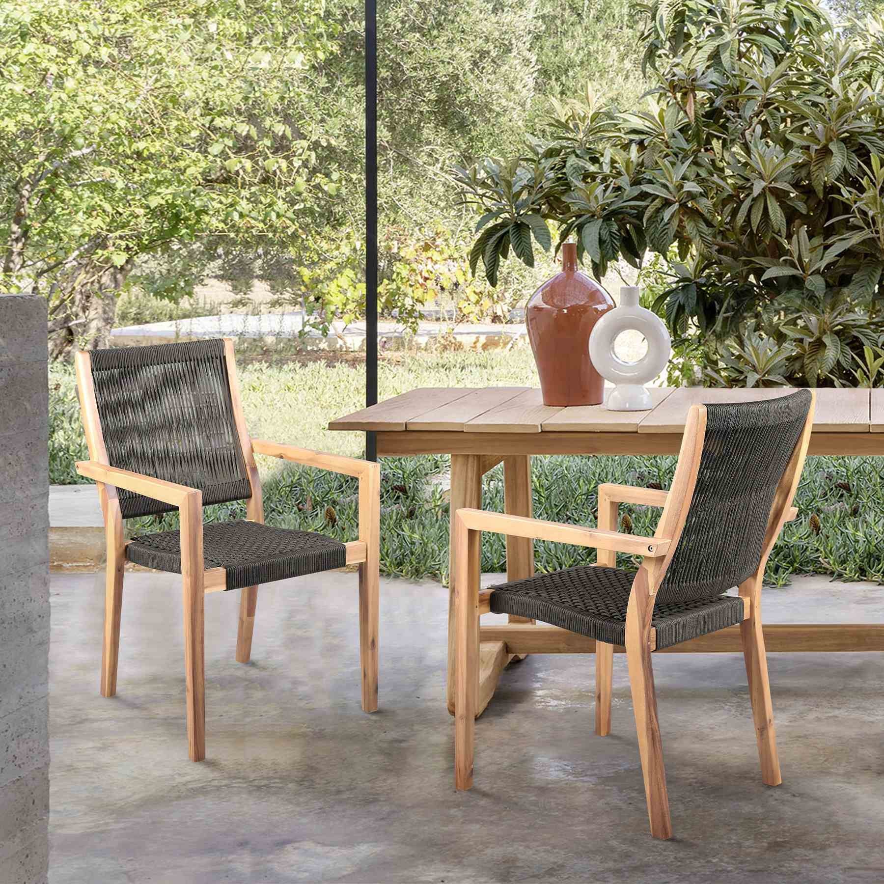 Madsen Outdoor Eucalyptus Wood and Charcoal Rope Dining Chairs with Teak Finish - Set of 2 - Image 9