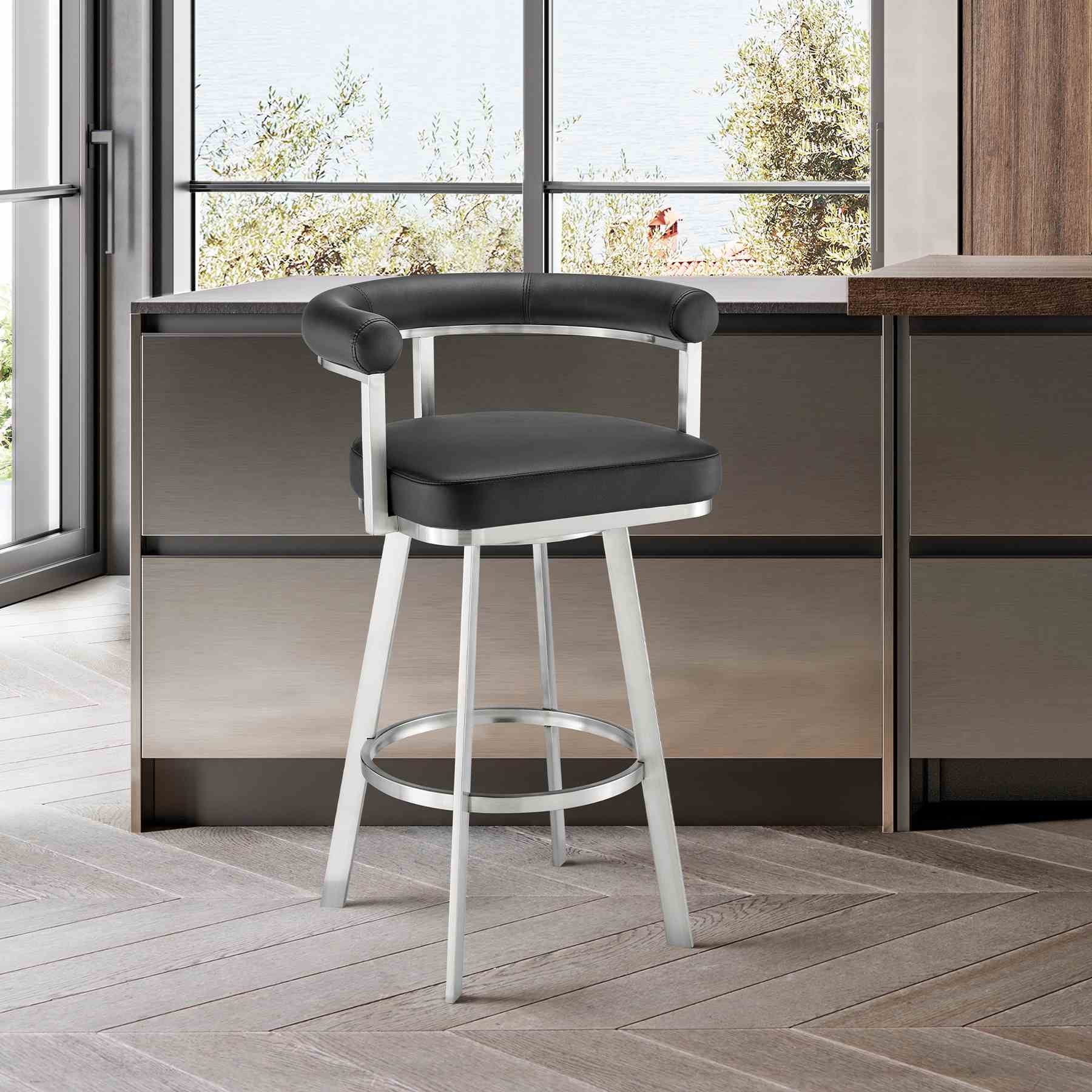 Magnolia 30" Swivel Bar Stool in Brushed Stainless Steel with Black Faux Leather - Image 9