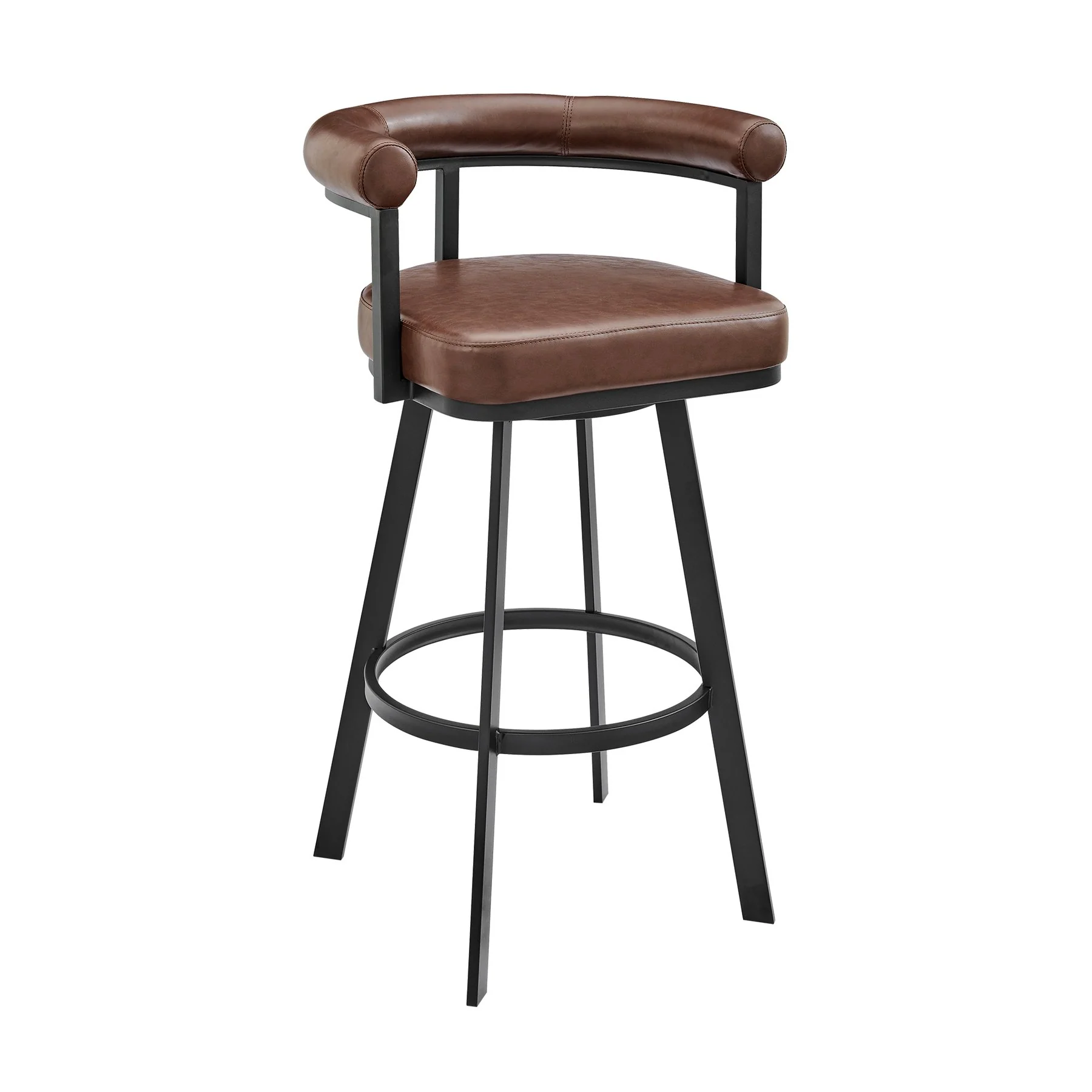 Magnolia Swivel Bar Stool in Black Metal with Brown Faux Leather