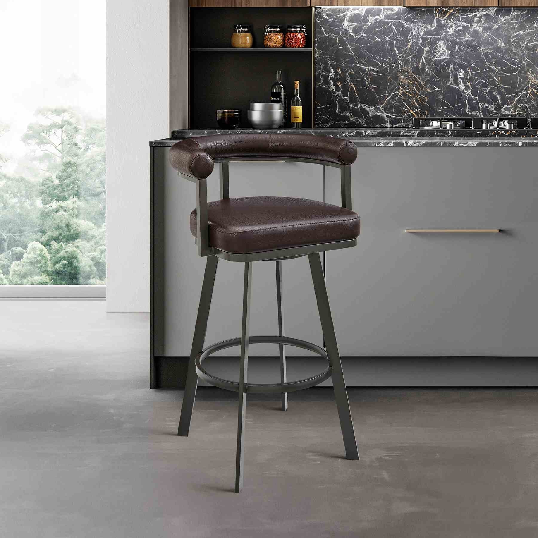 Magnolia Swivel Counter Stool in Brown Metal with Brown Faux Leather - Image 11