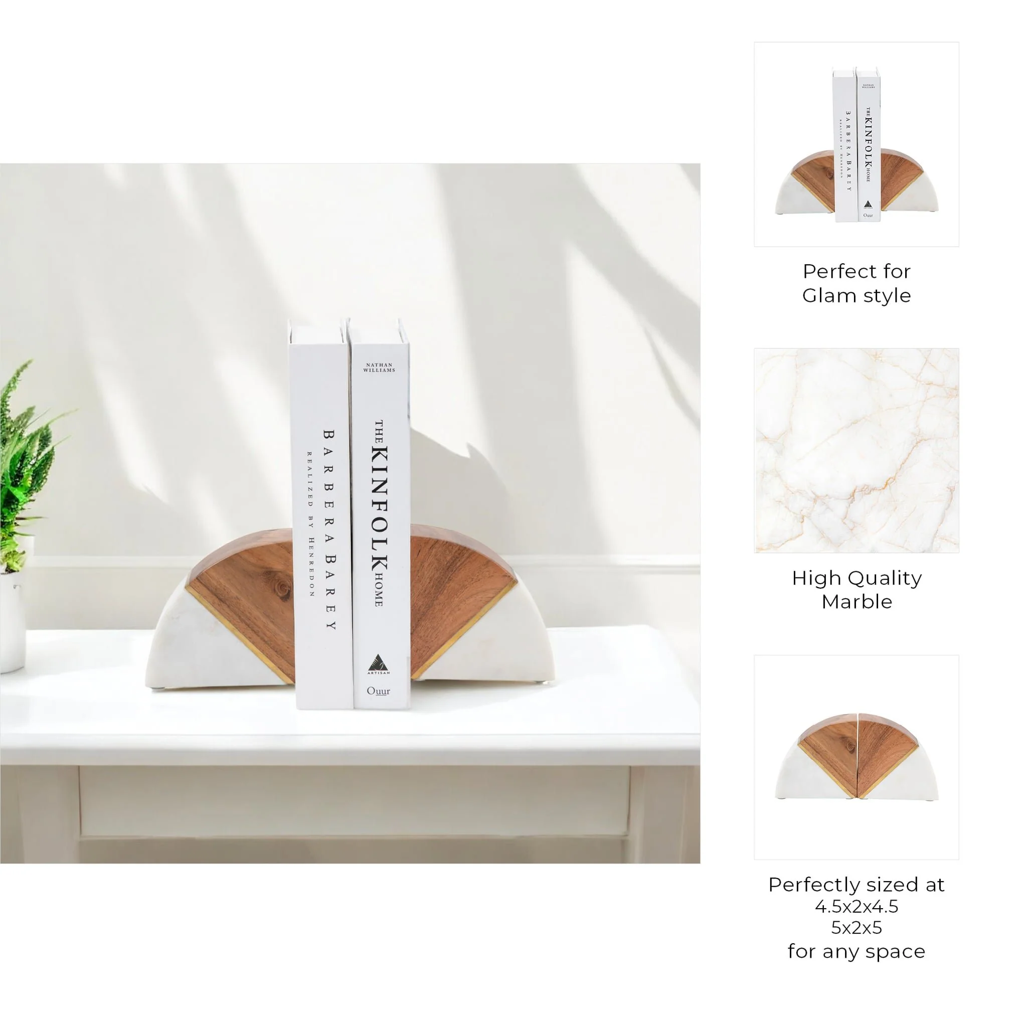 Marble, S/2 5" Bookends W/ Wood And Brass Detail, - Image 7