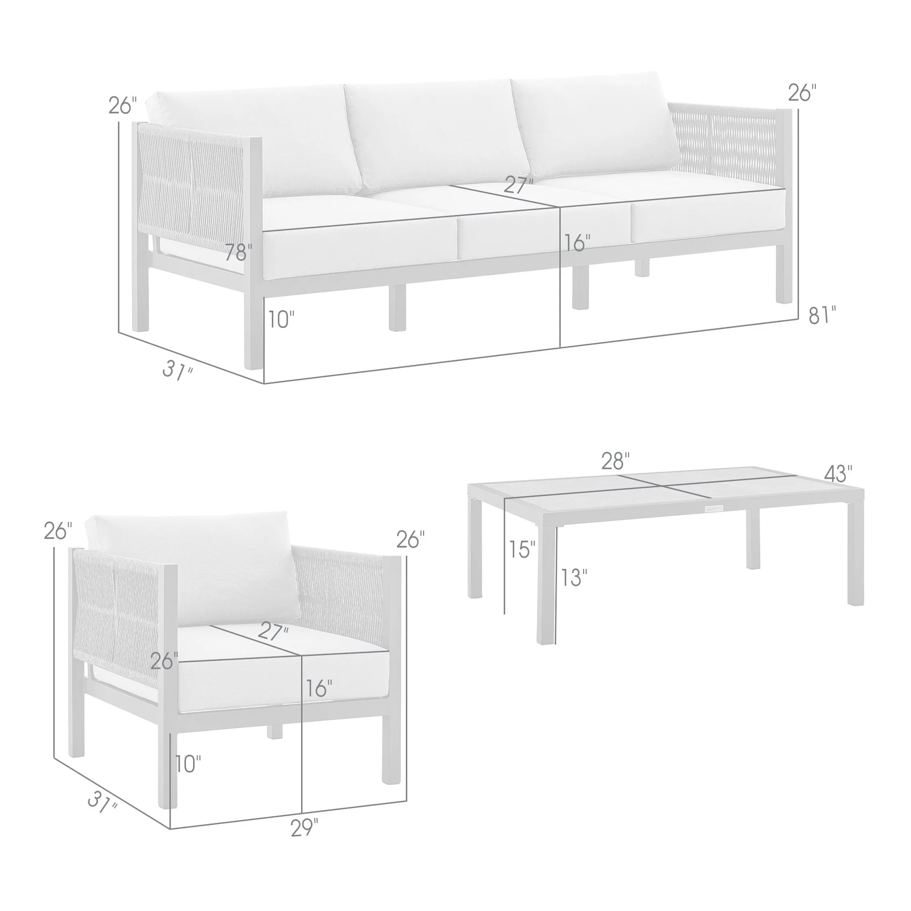 Mareike 4 Piece Outdoor Patio Furniture Set in Black Aluminum and Rope with Gray Cushions - Image 14