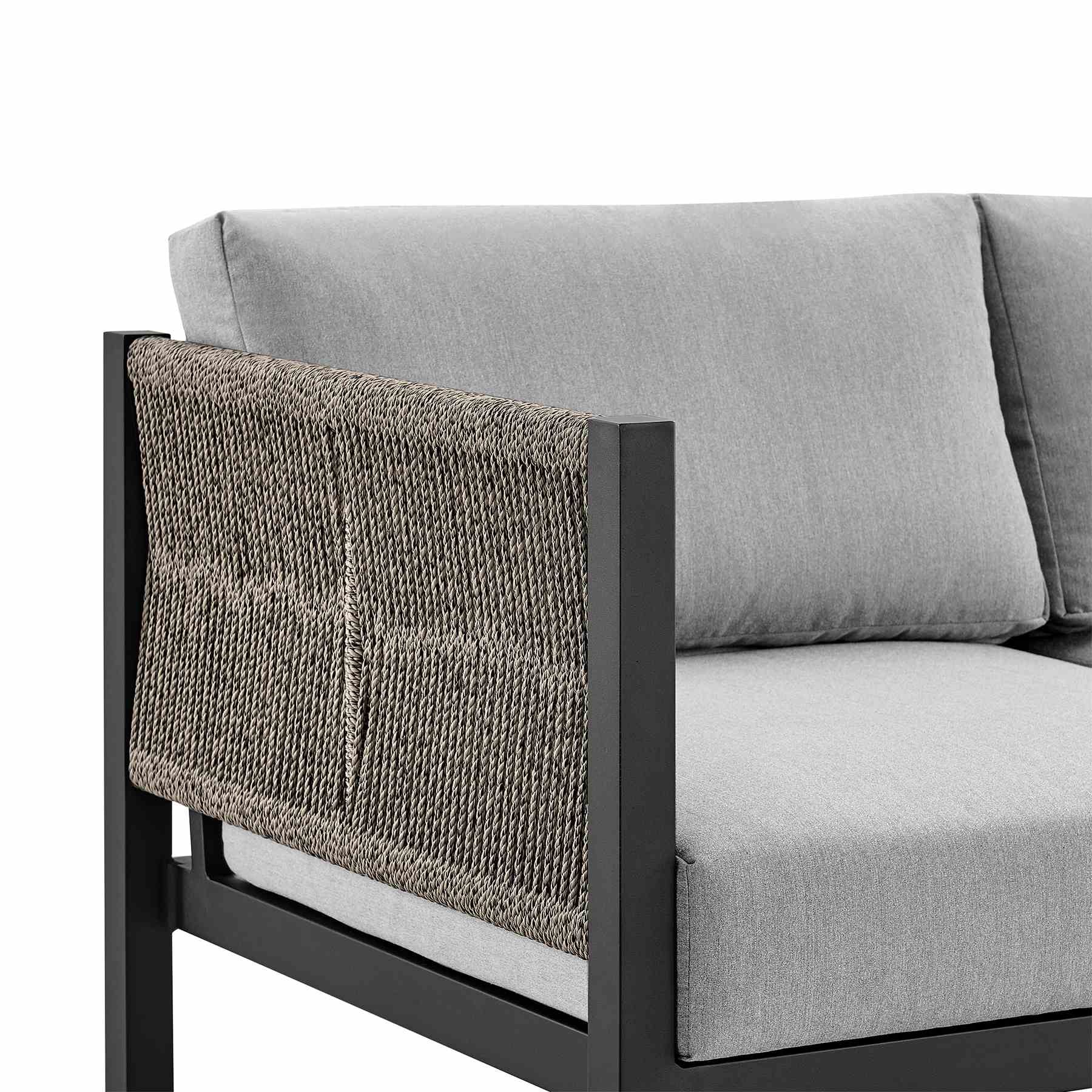 Mareike 4 Piece Outdoor Patio Furniture Set in Black Aluminum and Rope with Gray Cushions - Image 9