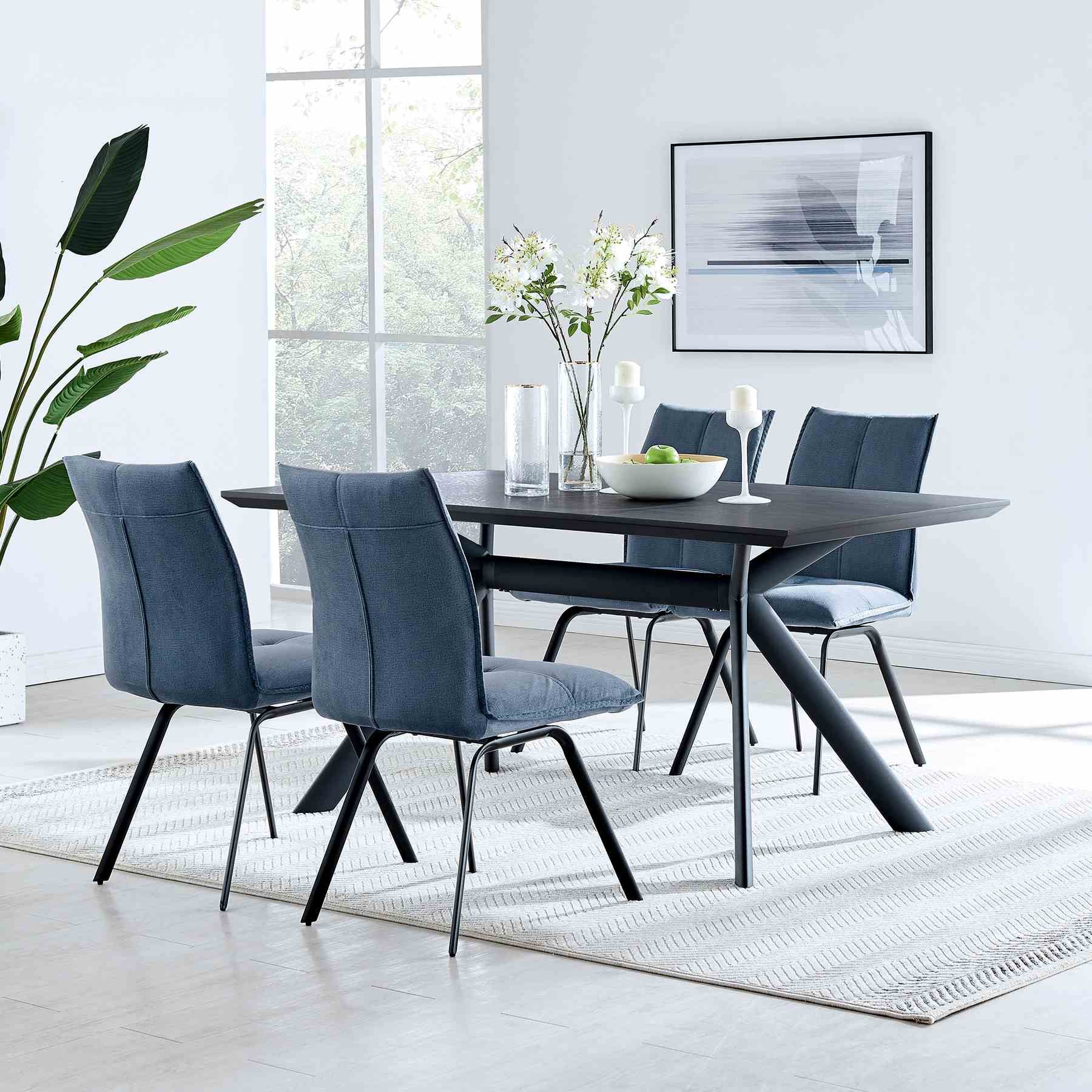 Margot and Rylee 5 Piece Modern Rectangular Dining Set in Black Melamine Wood and Blue Fabric - Image 8