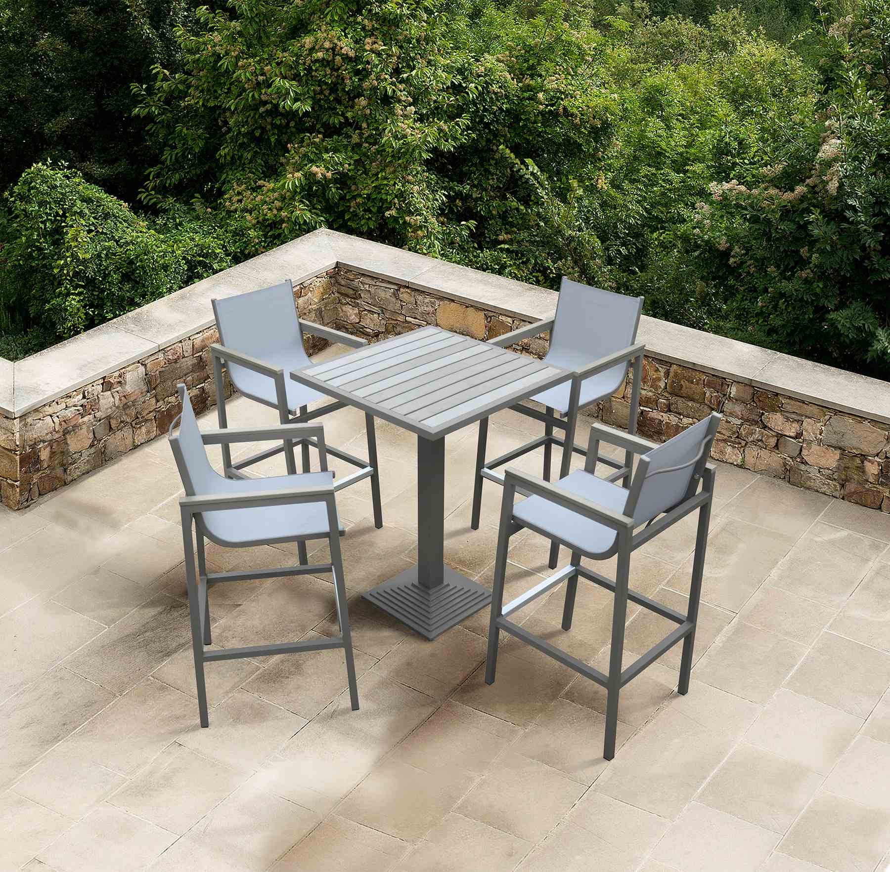 Marina Outdoor Patio Barstool in Gray Powder Coated Finish with Gray Sling Textilene and Gray Wood Accent Arms - Image 7