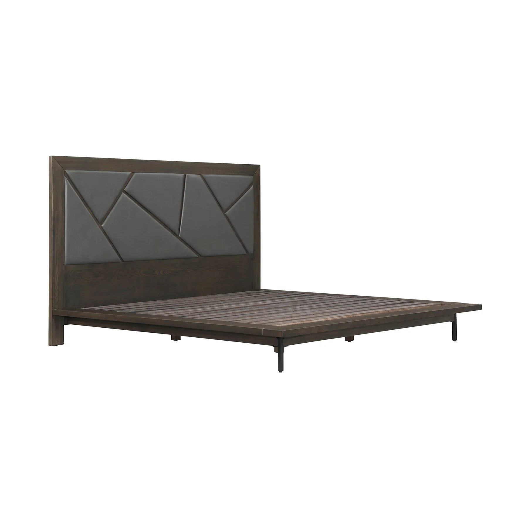 Marquis 3 Piece King Size Platform Bed Frame Bedroom Set in Oak Wood with Faux Leather Headboard - Image 3