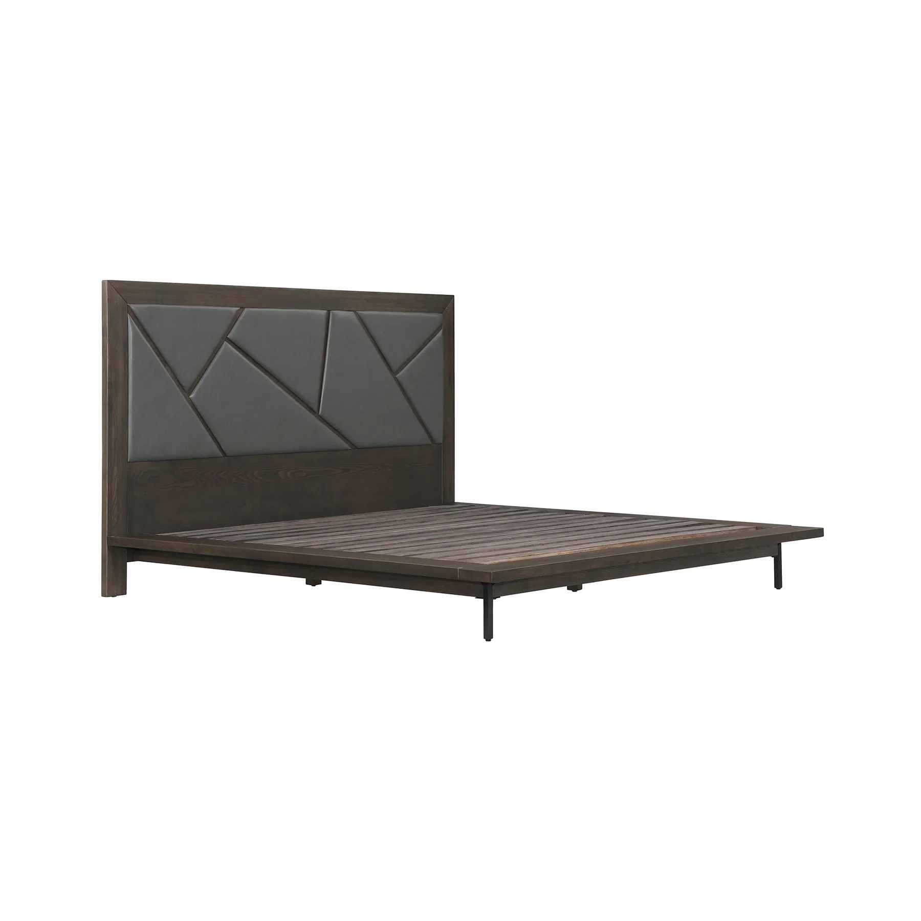 Marquis 3 Piece Queen Size Platform Bed Frame Bedroom Set in Oak Wood with Faux Leather Headboard - Image 3