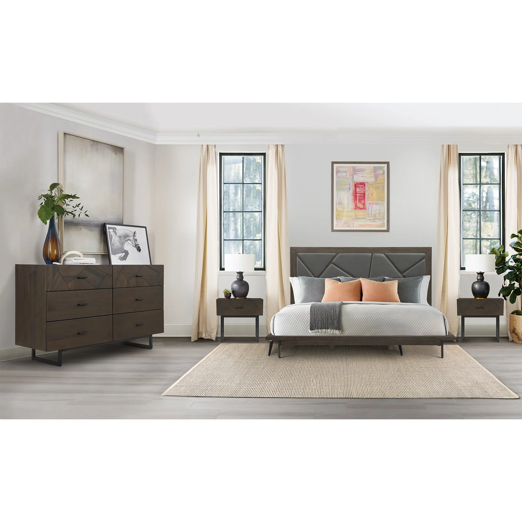 Marquis King Size Platform Bed Frame in Oak Wood with Faux Leather Headboard and Black Metal Legs - Image 12
