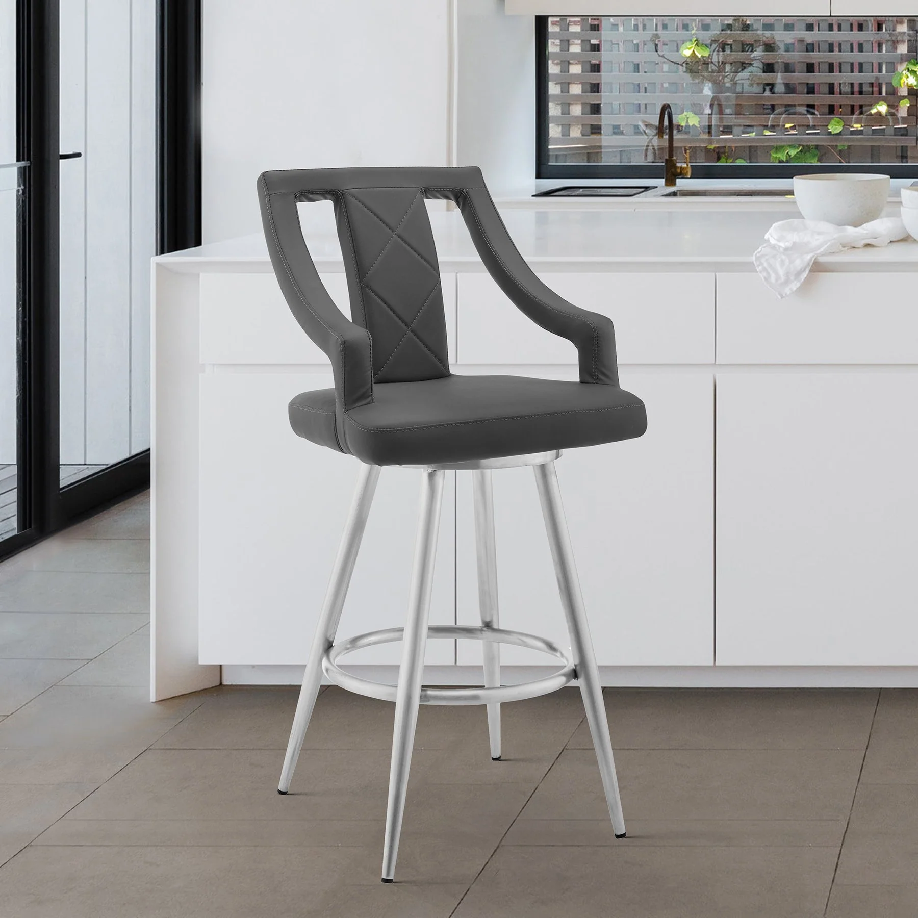 Maxen 30" Gray Faux Leather and Brushed Stainless Steel Swivel Bar Stool - Image 8