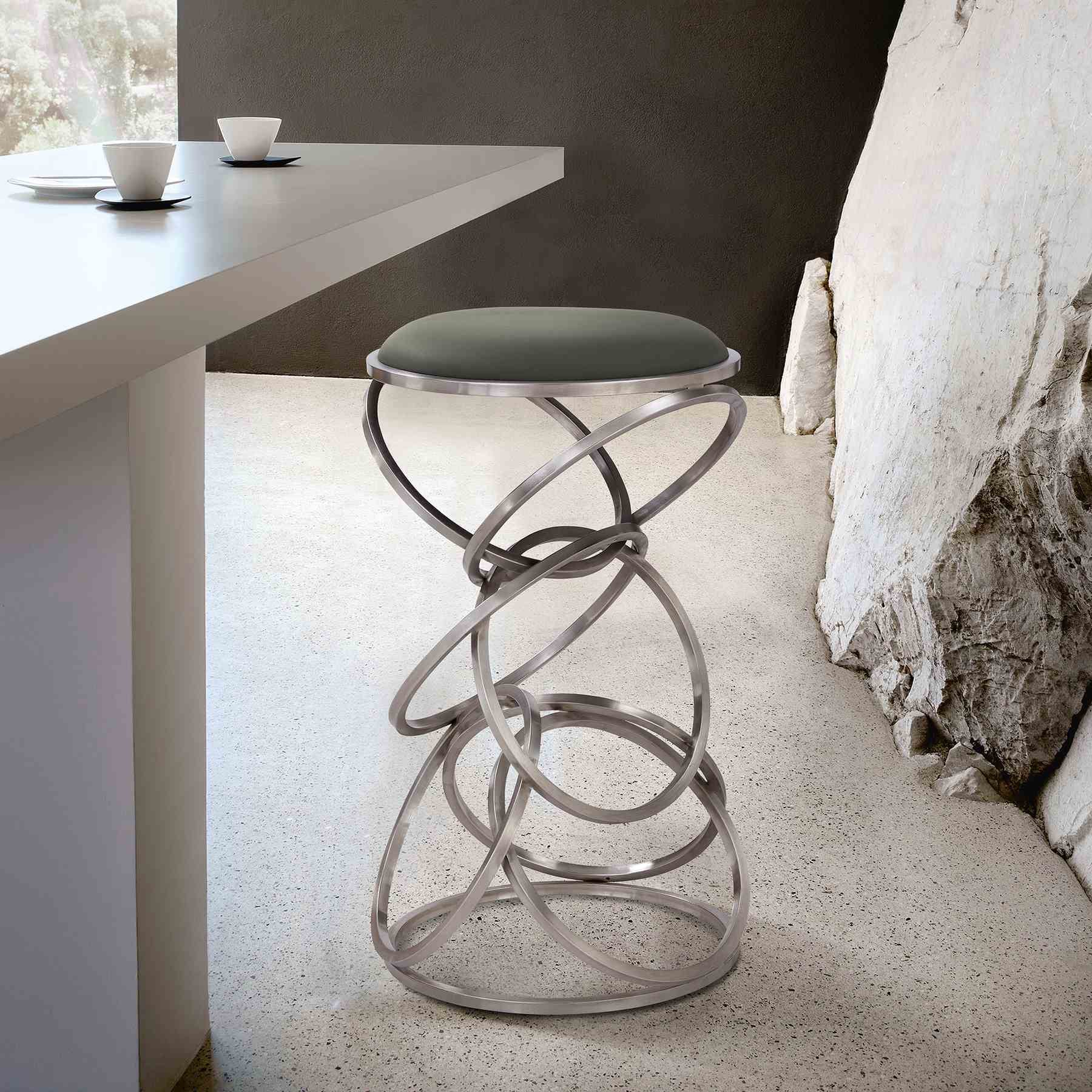 Medley Contemporary 26" Counter Height Barstool in Brushed Stainless Steel Finish and Gray Faux Leather - Image 6