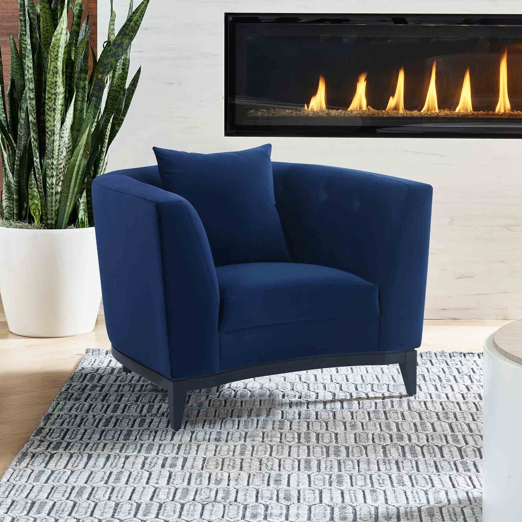 Melange Blue Velvet Upholstered Accent Chair with Black Wood Base - Image 7