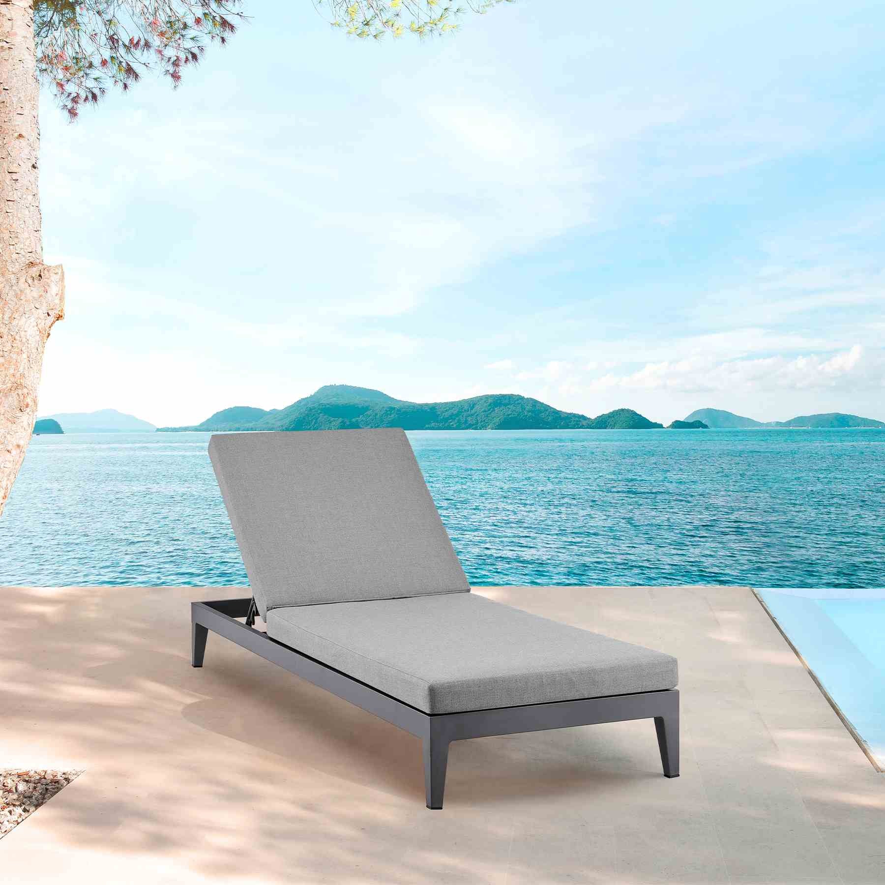 Menorca Outdoor Patio Adjustable Chaise Lounge Chair in Aluminum with Gray Cushions - Image 11