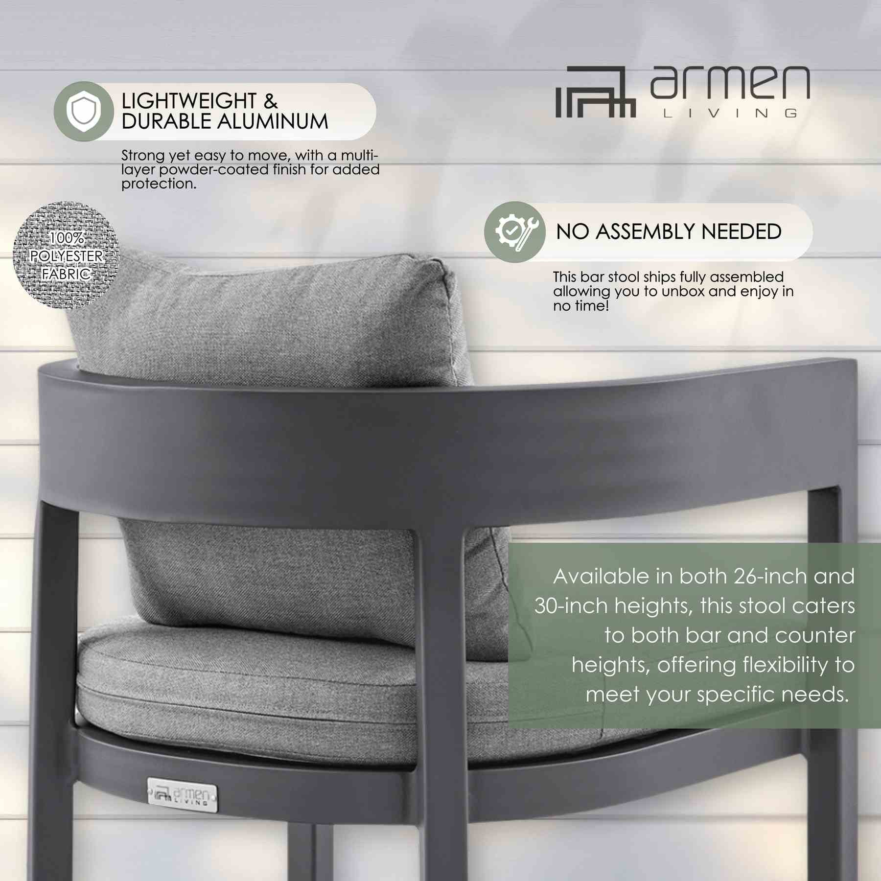 Menorca Outdoor Patio Counter Height Bar Stool in Aluminum with Gray Cushions - Image 12