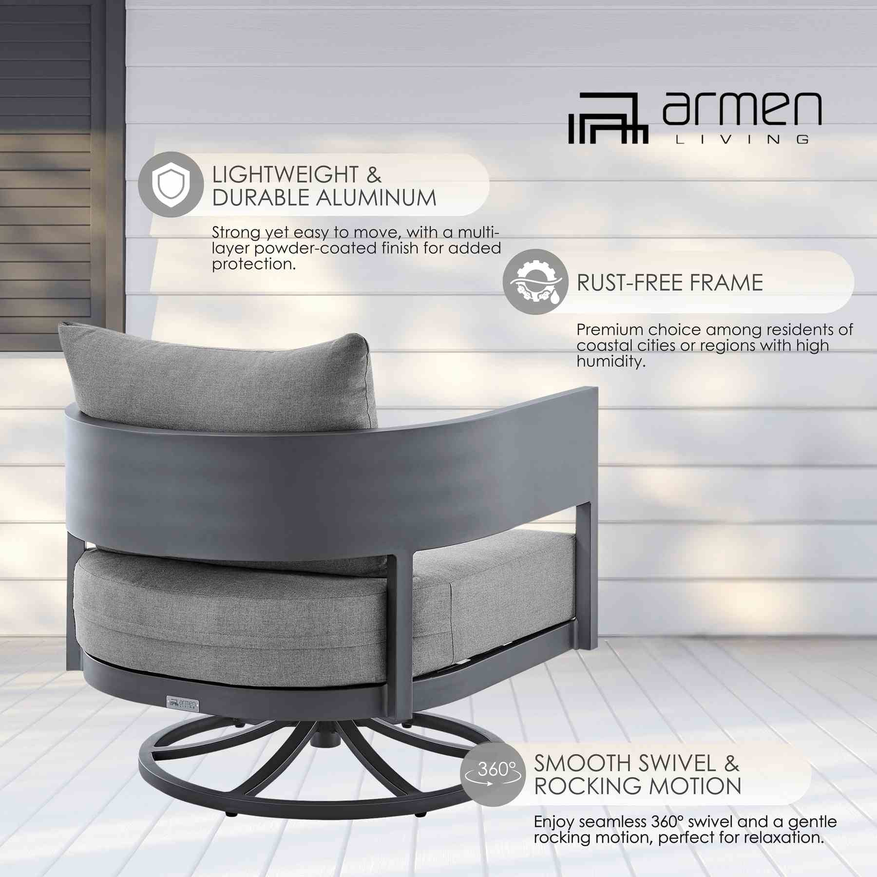 Menorca Outdoor Patio Swivel Rocking Chair in Gray Aluminum with Cushions - Image 11