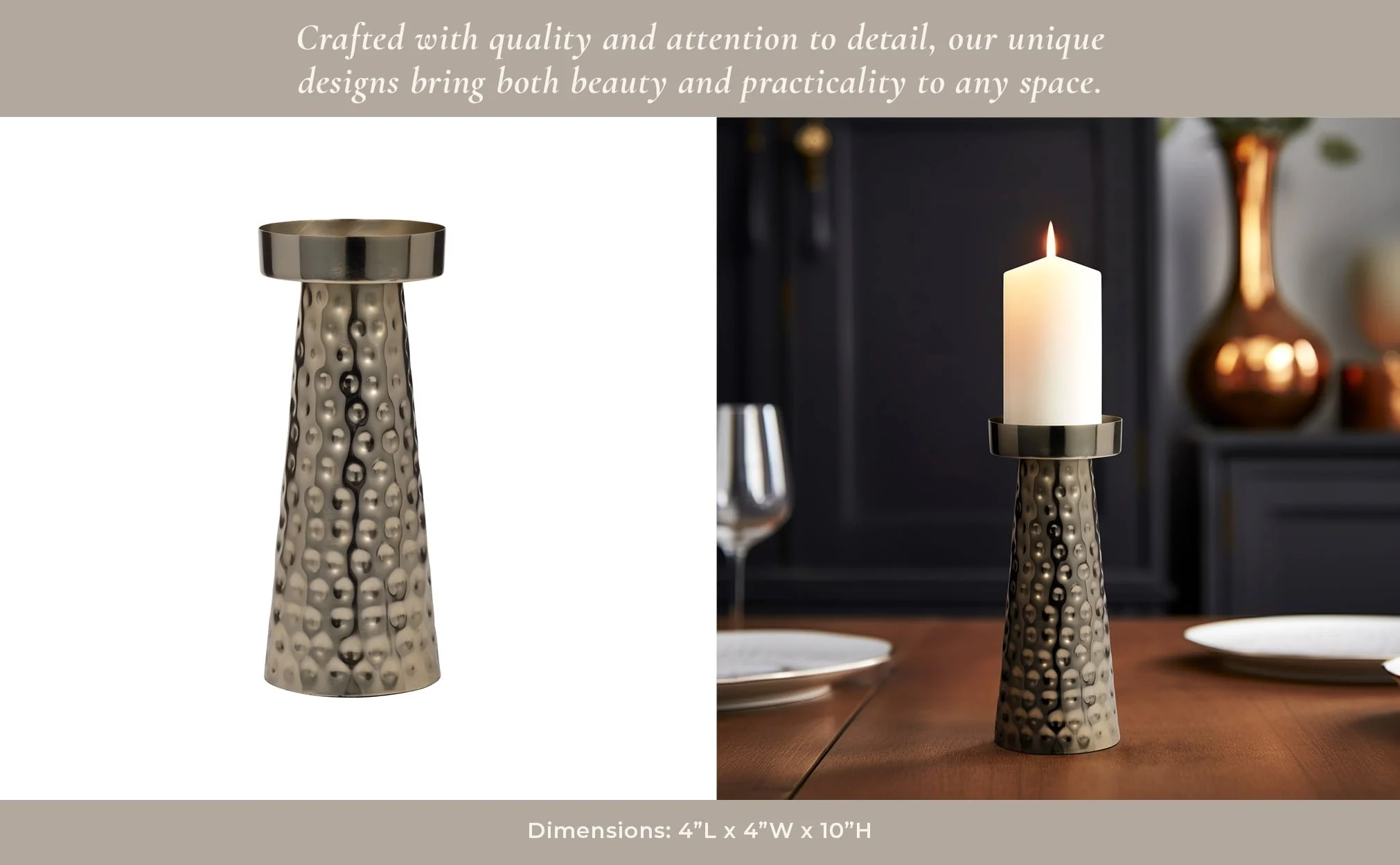 Metal, 10"h Hammered Candle Holder,  Gold - Image 11