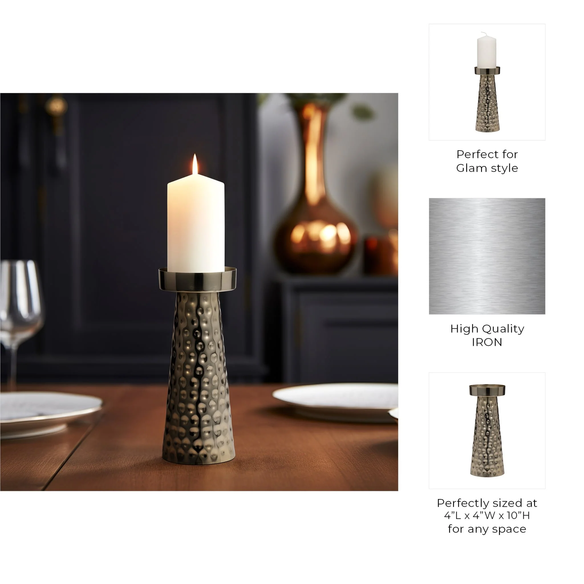Metal, 10"h Hammered Candle Holder,  Gold - Image 9